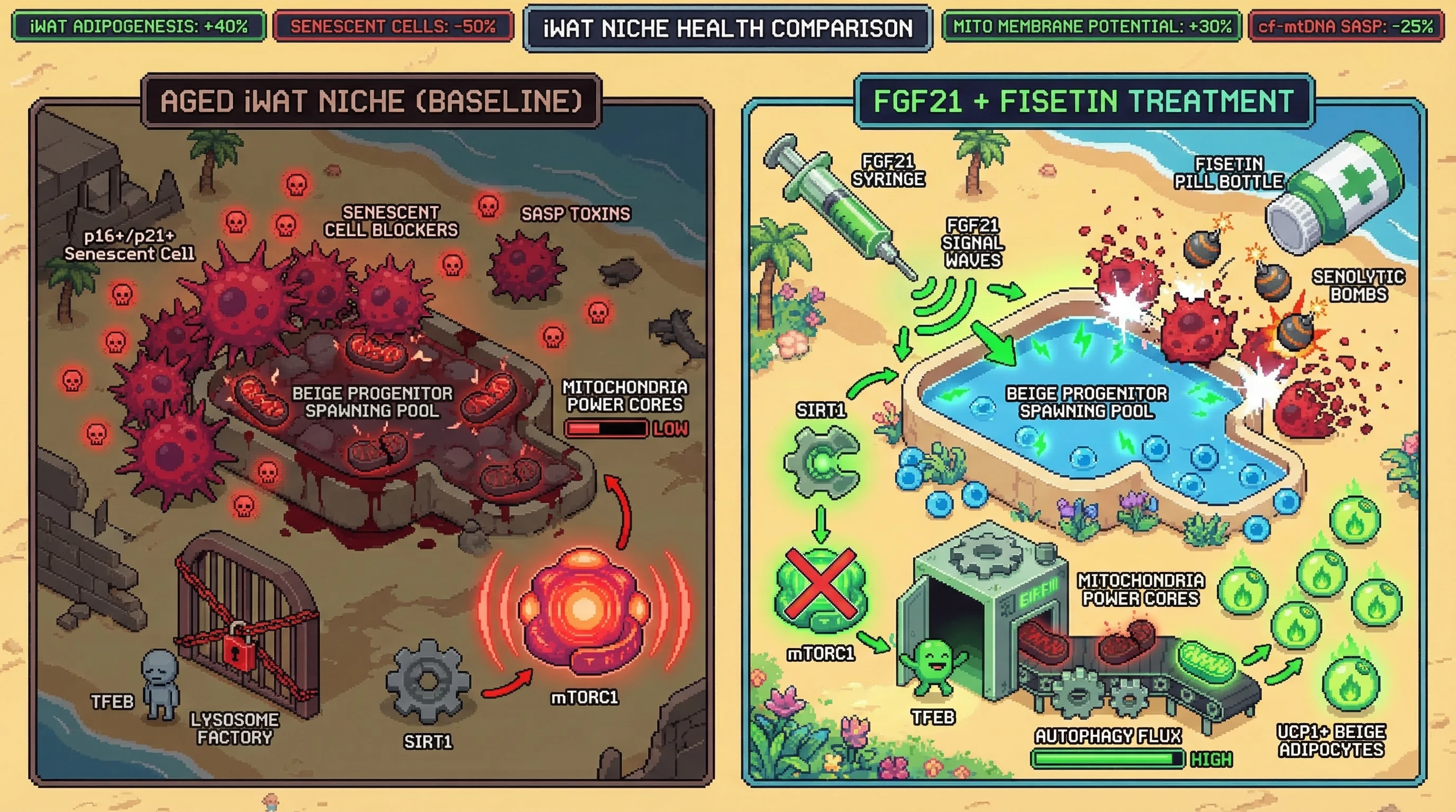 Infographic for: Combining AAV-FGF21 (which repairs mitochondria in mitophagy-competent beige progenitors via TFEB) with fisetin (whic...
