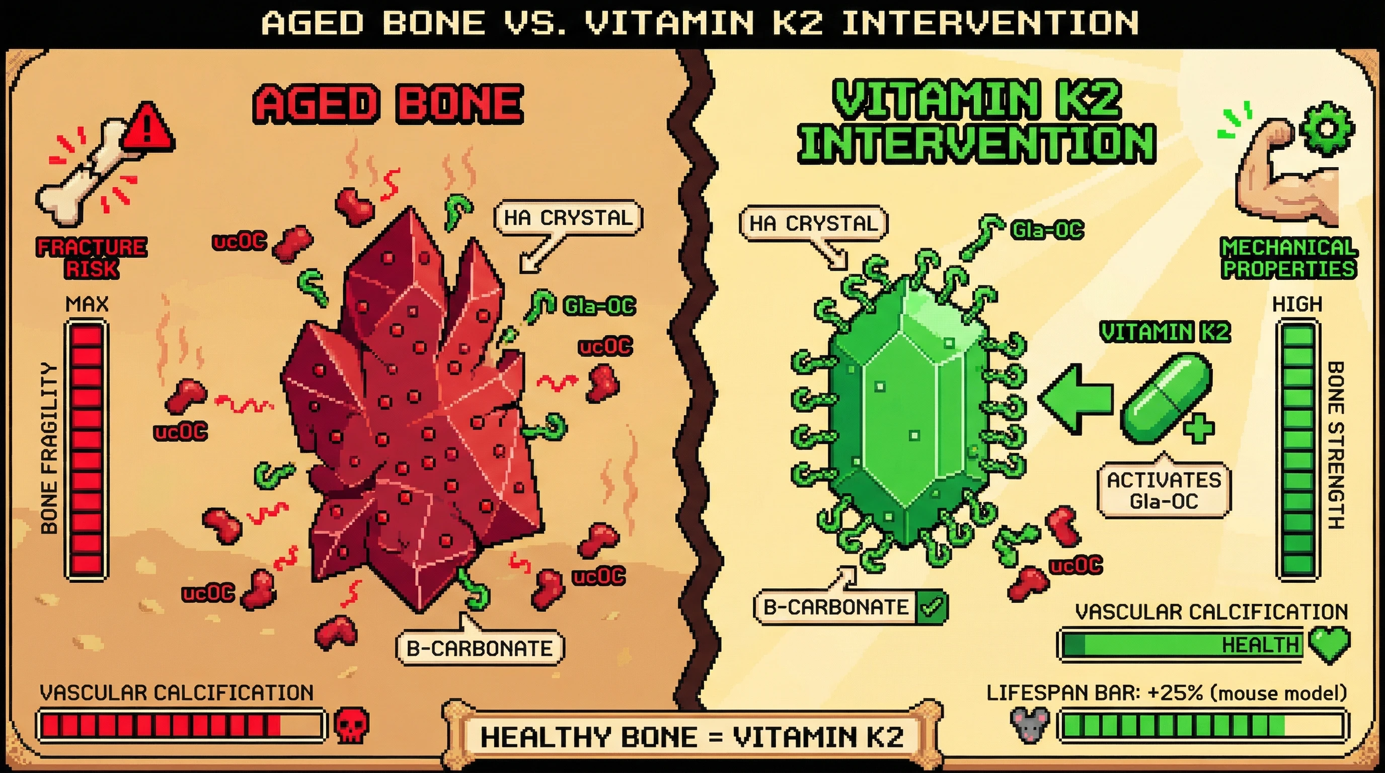 Mechanism: Increased B-type carbonate in hydroxyapatite reduces Gla-OC binding, leading to uncontrolled crystal growth and bone fragility, exacerbated by ucOC. Readout: Readout: Vitamin K2 intervention decreases B-type carbonate, improves Gla-OC binding, and increases bone mechanical properties, leading to a projected lifespan increase of +25% in mouse models.