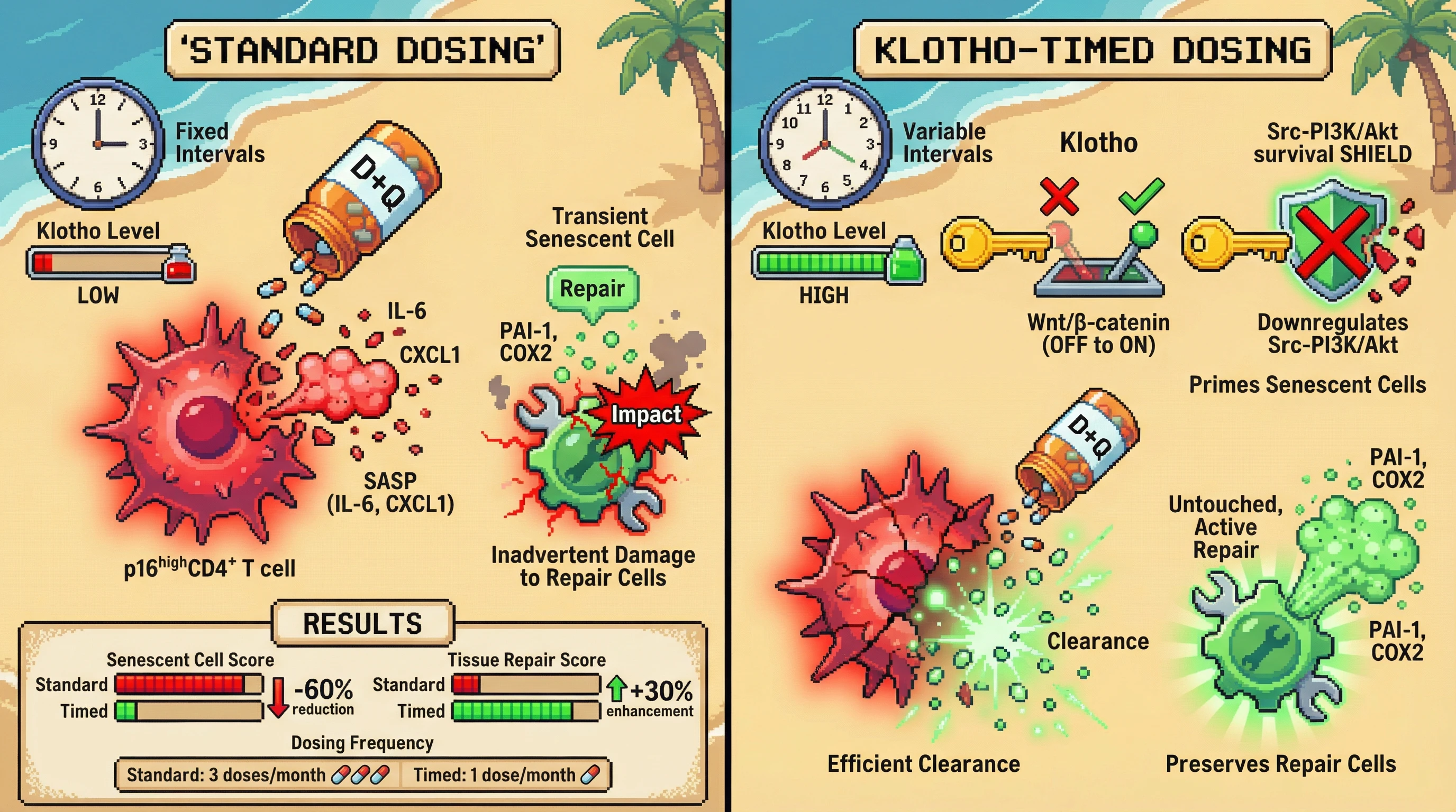 Infographic for: Timing D+Q Senolytic Doses to Endogenous Klotho Peaks Maximizes Senescent Clearance While Preserving Regenerative Senescence