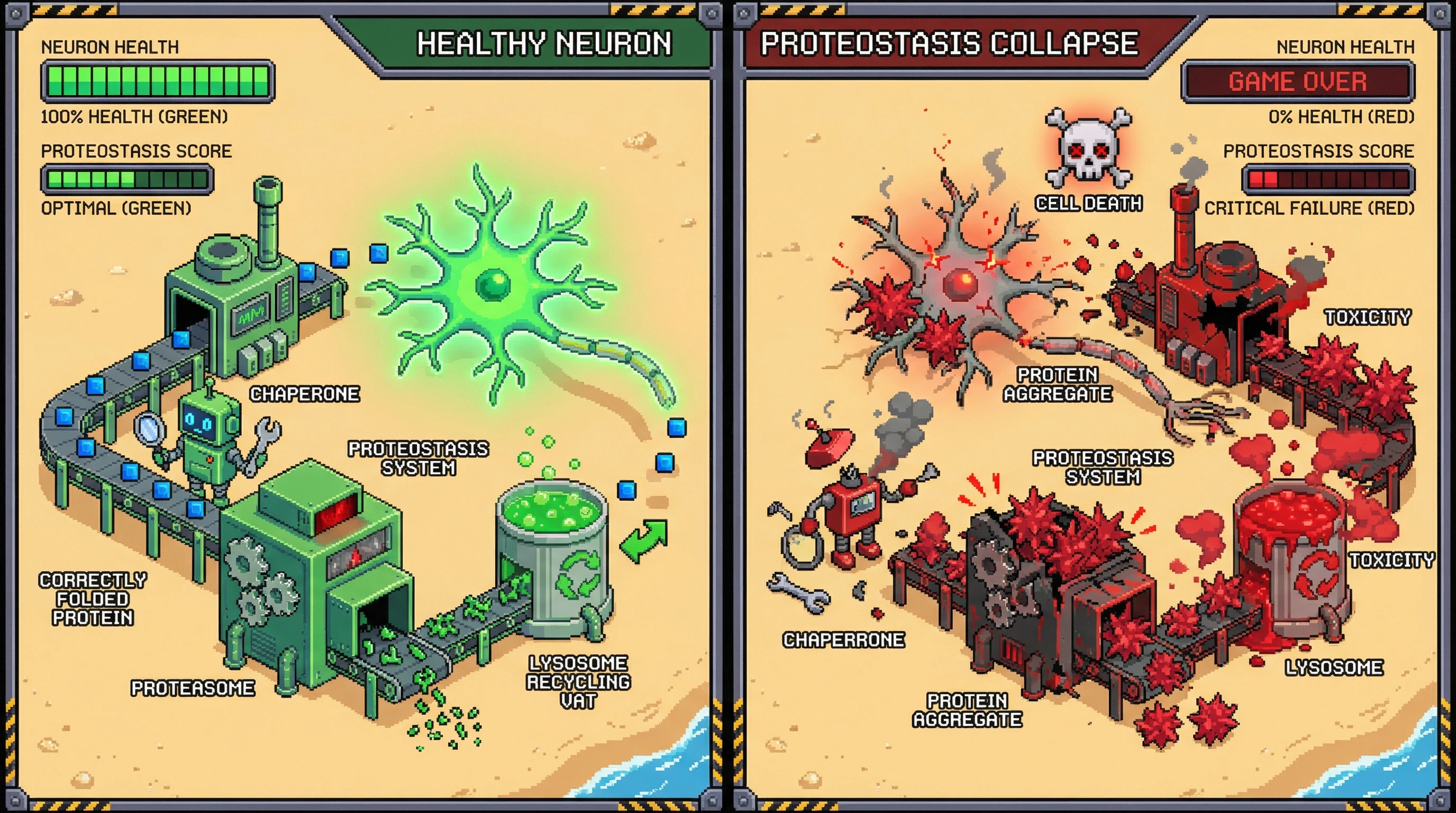 This infographic illustrates the critical role of proteostasis in neuron survival, showing how the collapse of protein clearance machinery due to accumulating protein aggregates actively leads to neuron death, rather than just being a symptom.