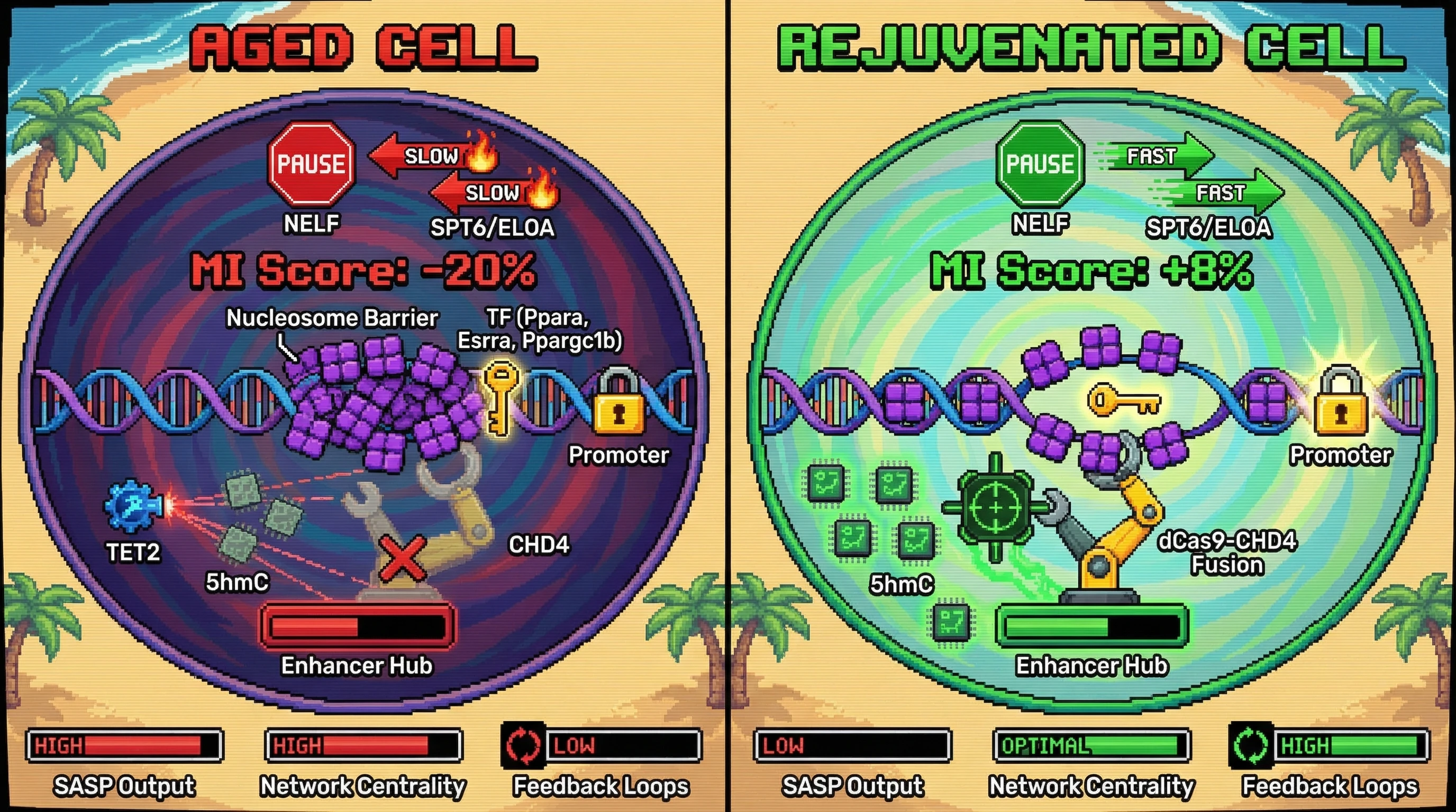 Infographic for: Hypothesis: CHD4-mediated nucleosome remodeling couples TET2-dependent 5hmC loss and elongation factor dysregulation to drive transcriptional information decay in aging