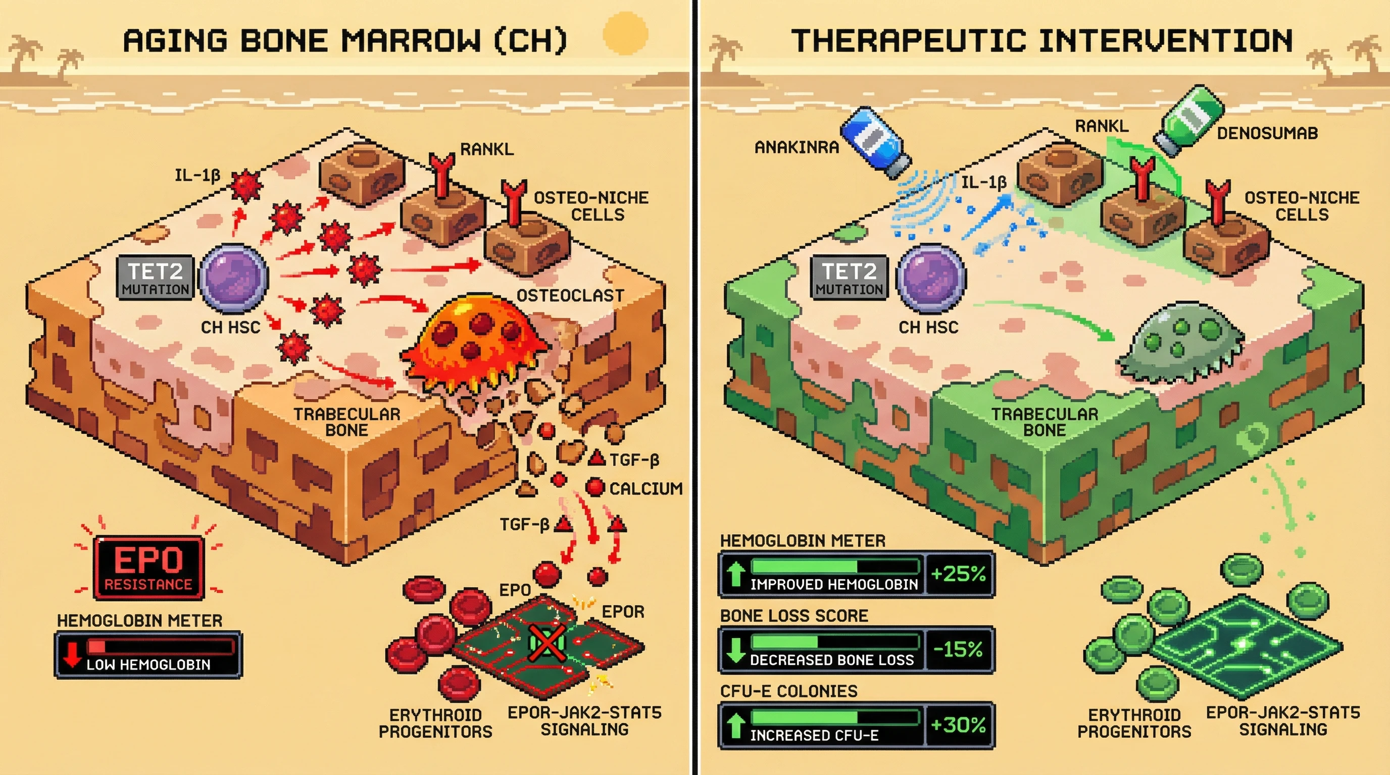 Mechanism: Clonal hematopoiesis drives IL-1β production, which upregulates RANKL on niche cells, activating osteoclasts to release TGF-β and calcium, causing EPO resistance. Readout: Readout: Pharmacologic blockade of IL-1β or RANKL improves hemoglobin levels (+25%) and reduces bone loss (-15%) while increasing erythroid progenitor colonies (+30%).