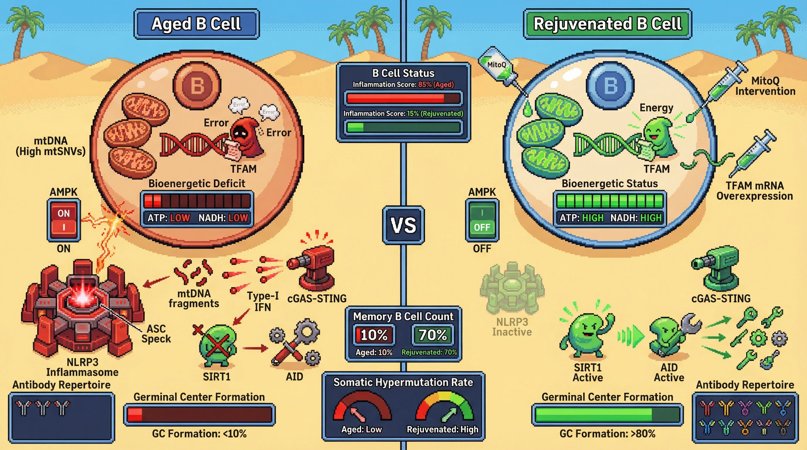 Mechanism: High mitochondrial DNA variants in aged B cells impair TFAM, reducing ATP and activating the NLRP3 inflammasome and cGAS-STING pathway, which suppresses AID and germinal center formation. Readout: Readout: Interventions like MitoQ or TFAM overexpression restore ATP, reduce inflammation scores, and increase memory B cell counts and somatic hypermutation rates.