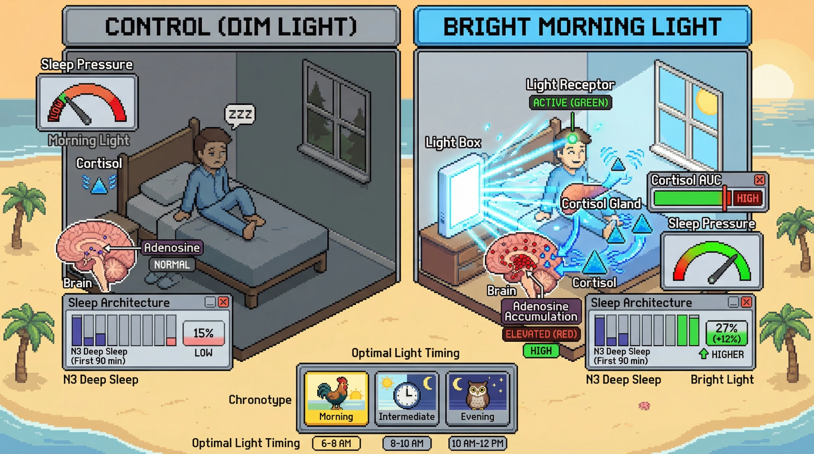 Mechanism: Morning light exposure increases cortisol release and homeostatic sleep pressure, enriching early-night slow-wave sleep. Readout: Readout: Deep sleep proportion in the first 90 minutes of sleep increases by at least 10% without significant changes in total sleep time.