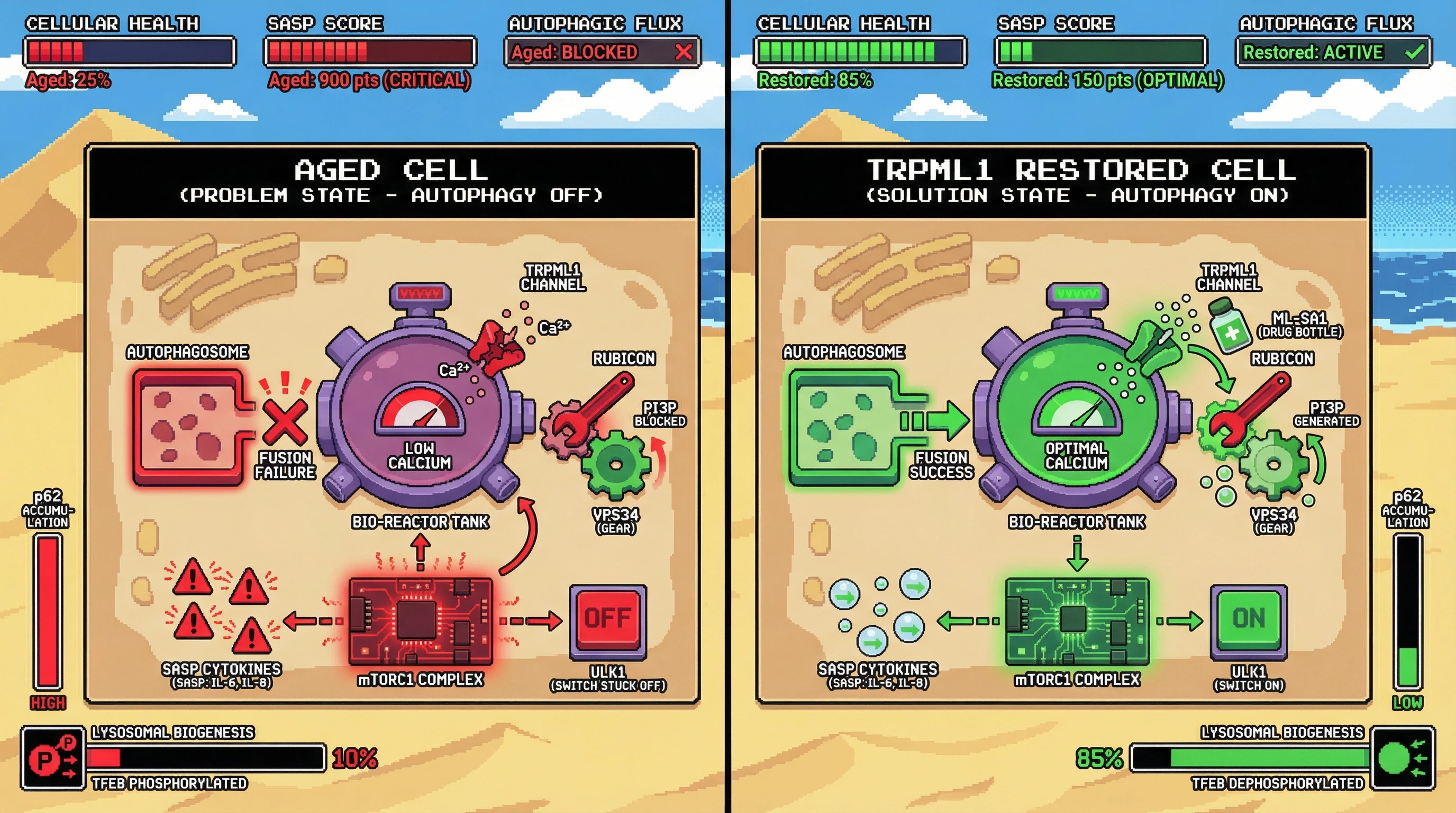 Infographic for: Lysosomal Calcium Signaling as a Node Integrating Rubicon‑Mediated Autophagy Suppression and Senescent SASP in Aging