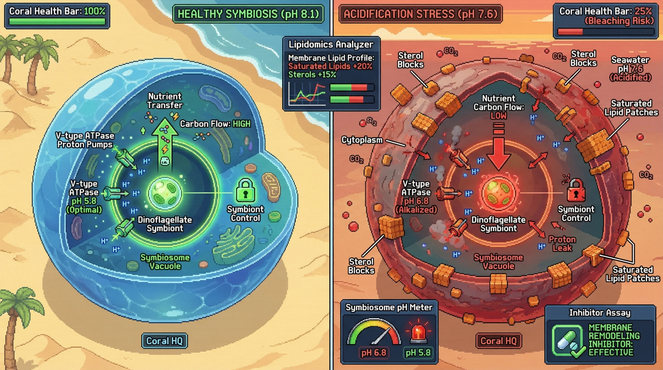 Mechanism: Ocean acidification directly remodels coral host cell membranes, impairing V-type ATPase proton pumps and increasing proton leak, which causes the symbiosome vacuole to become less acidic. Readout: Readout: This leads to reduced nutrient transfer, compromised symbiont regulation, and a critical drop in coral health, indicating a bleaching phenotype.