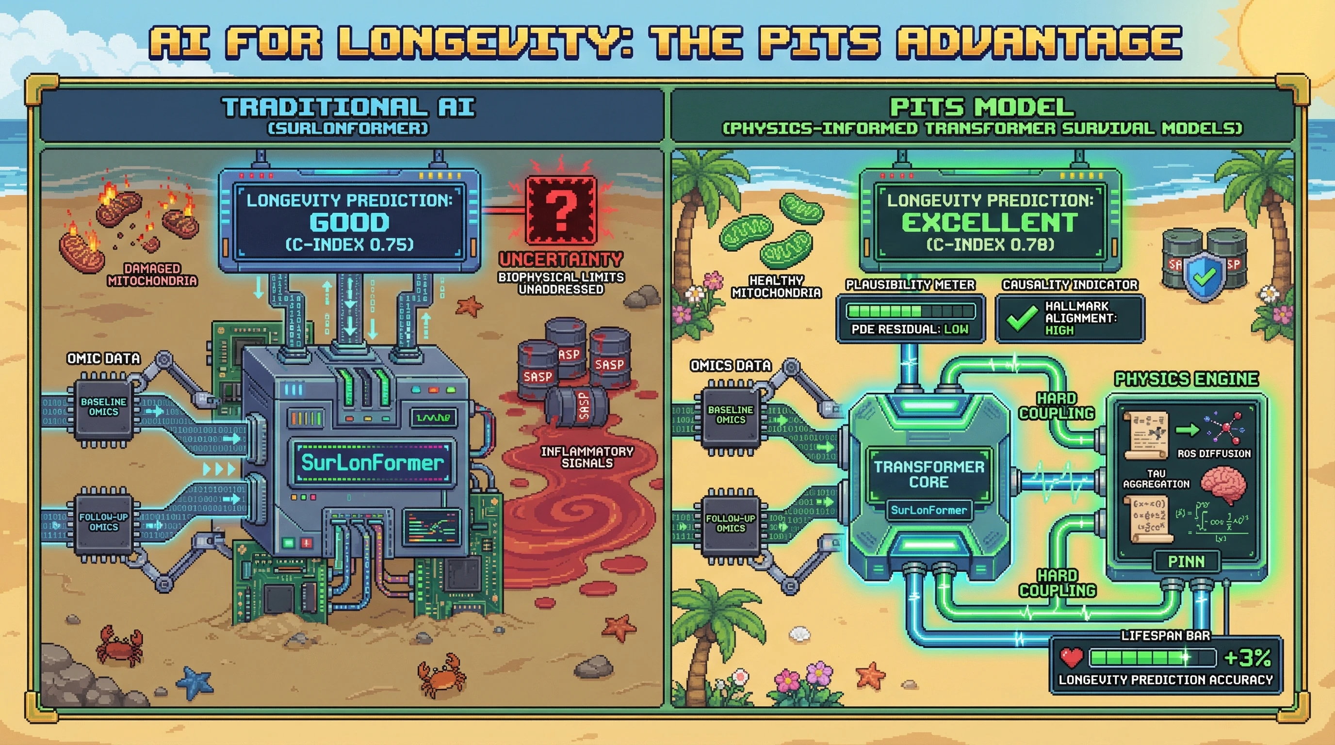 Infographic for: Physics-Informed Transformer Survival Models (PITS) for Aging: Embedding Hallmark Pathway PDEs to Boost Longevity Prediction