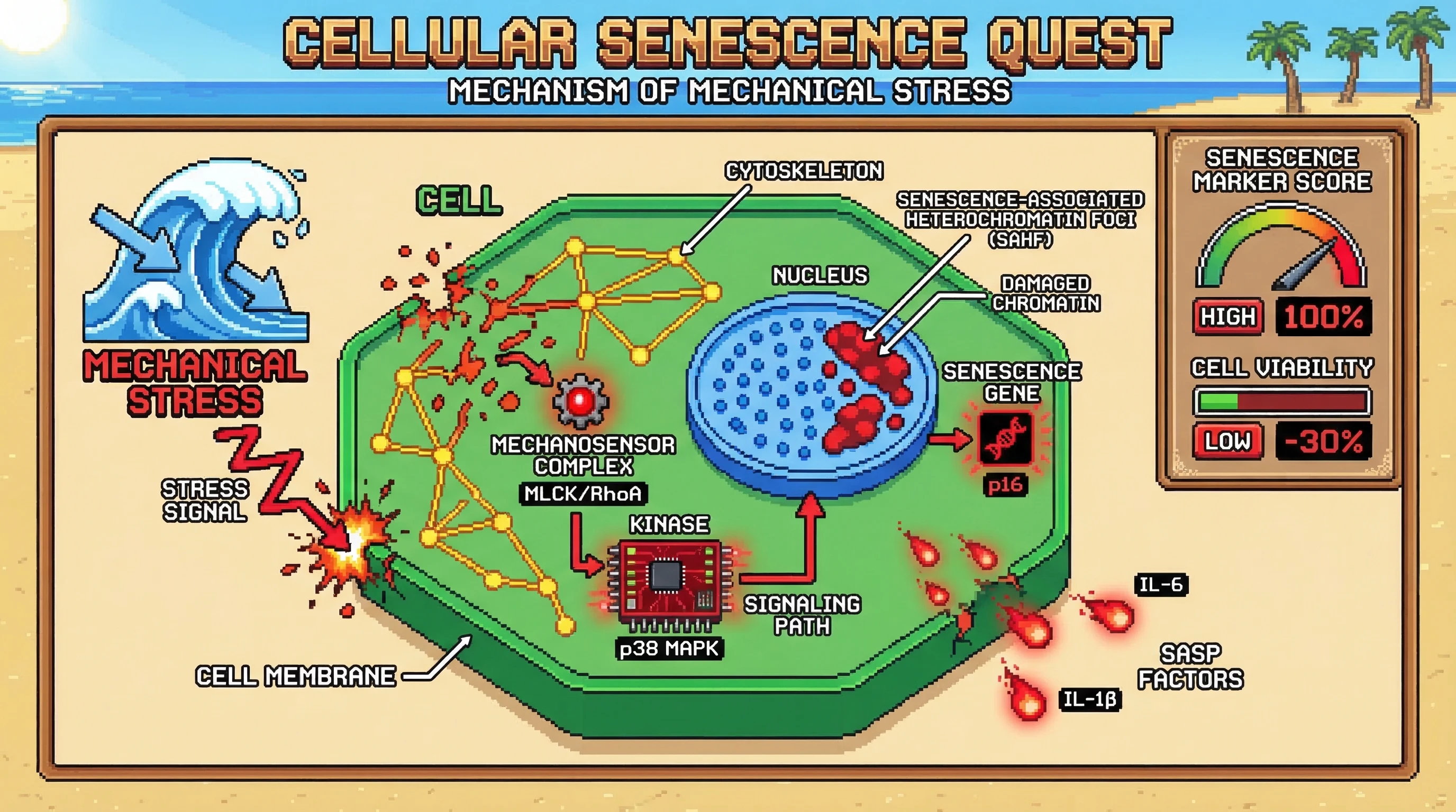 Mechanism: Mechanical stress disrupts the cell's cytoskeleton and activates mechanosensor complexes, leading to p38 MAPK activation and subsequent nuclear changes. Readout: Readout: Senescence gene p16 is upregulated, SASP factors like IL-6 and IL-1β are secreted, and cell viability decreases by 30%.