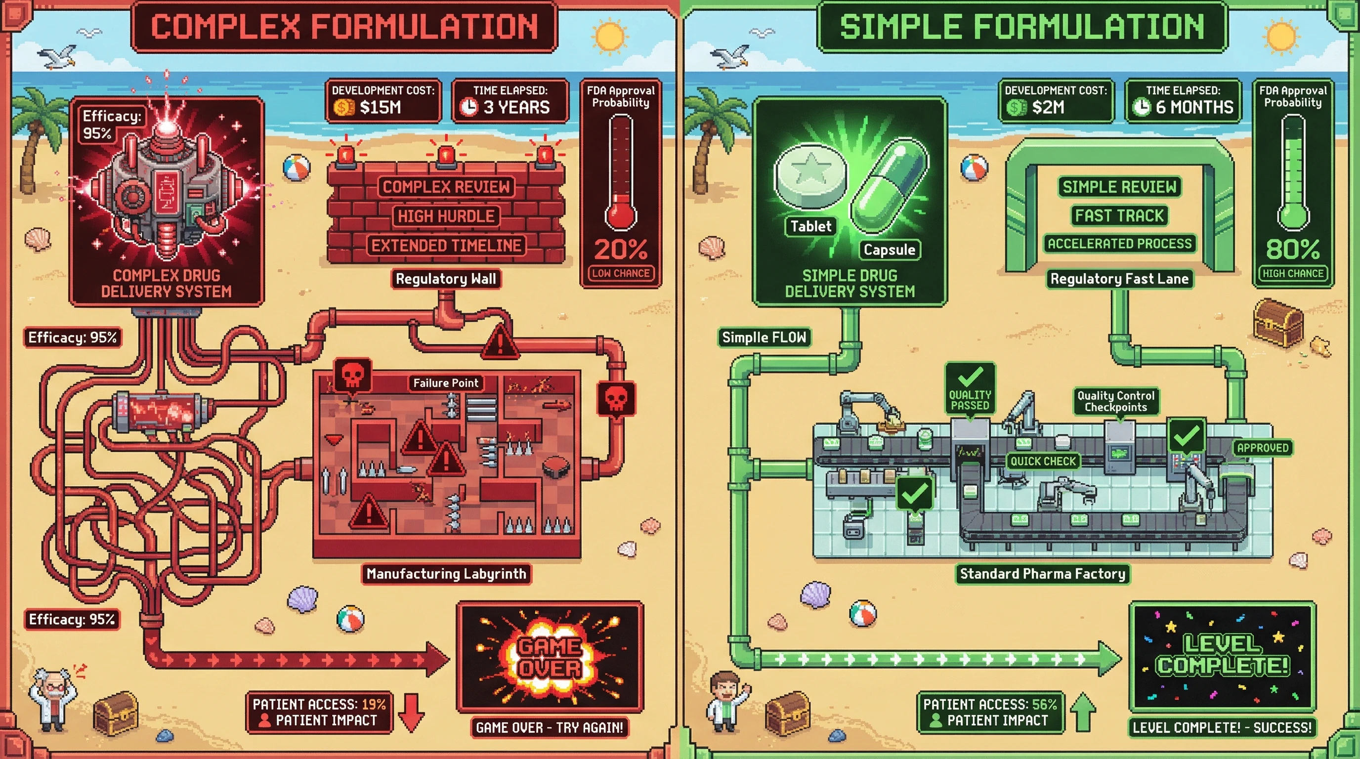 Infographic for: Simple Formulations Beat Complex Delivery Systems for First-in-Human Translation—Perfection Kills Patient Access