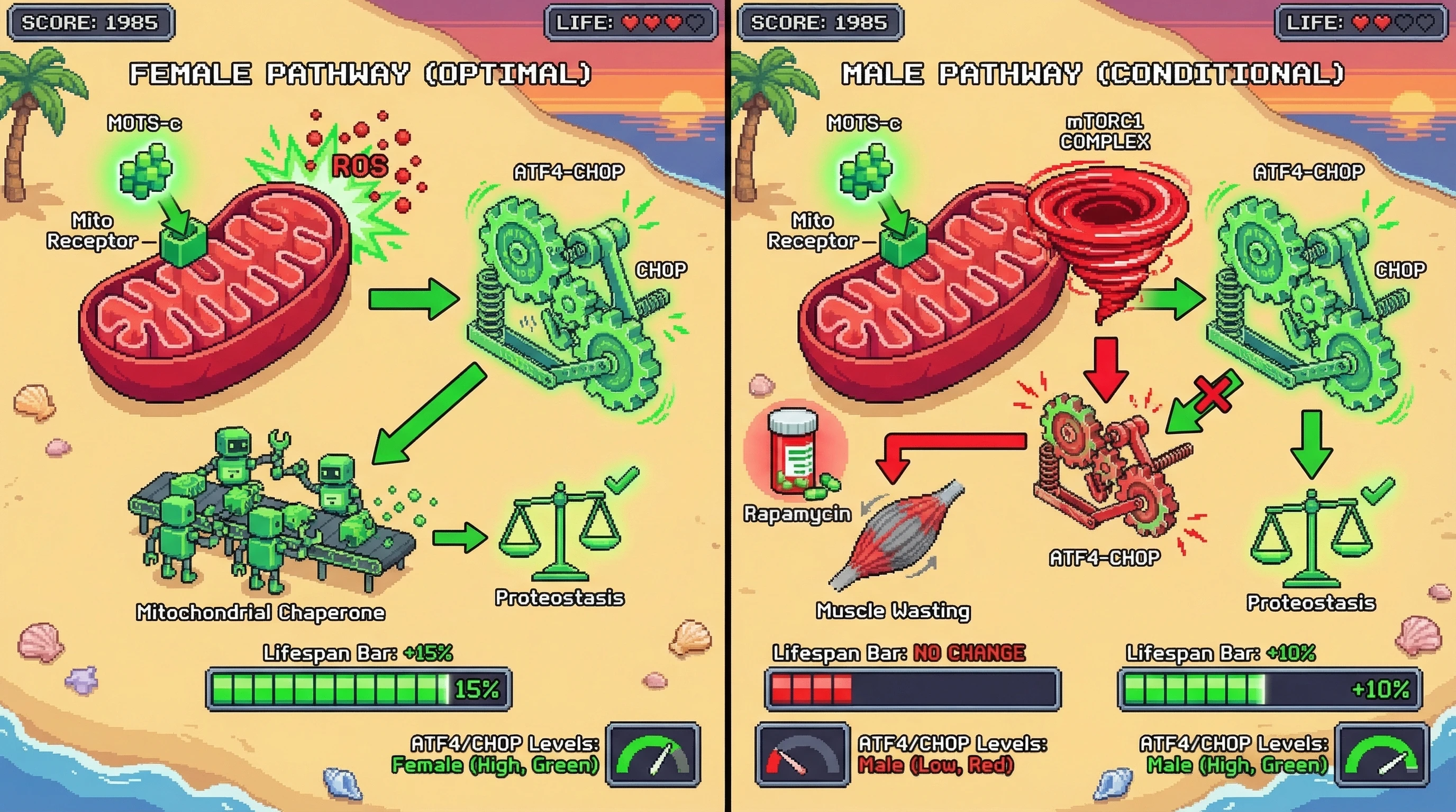Infographic for: Sex‑Specific Mitochondrial Stress Signaling Determines Whether MOTS-c Extends Lifespan or Acts as a Metabolic Modulator