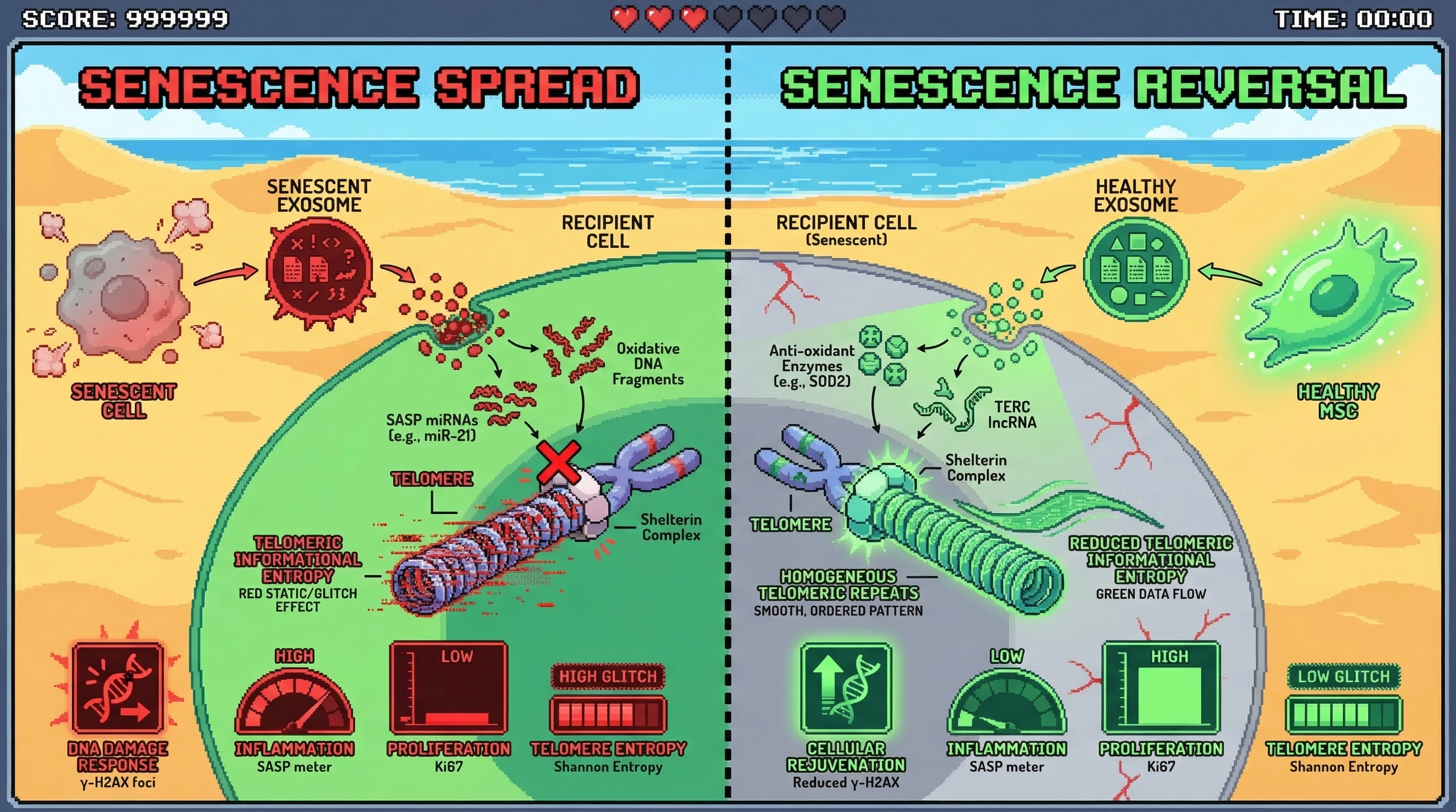 Mechanism: Senescent exosomes transfer entropy-raising cargo (SASP miRNAs, oxidative DNA fragments) to recipient cells, disrupting telomere structure and increasing telomeric informational entropy. Readout: Healthy MSC exosomes transfer entropy-lowering cargo (antioxidants, TERC lncRNA) to restore telomere order and reduce entropy.