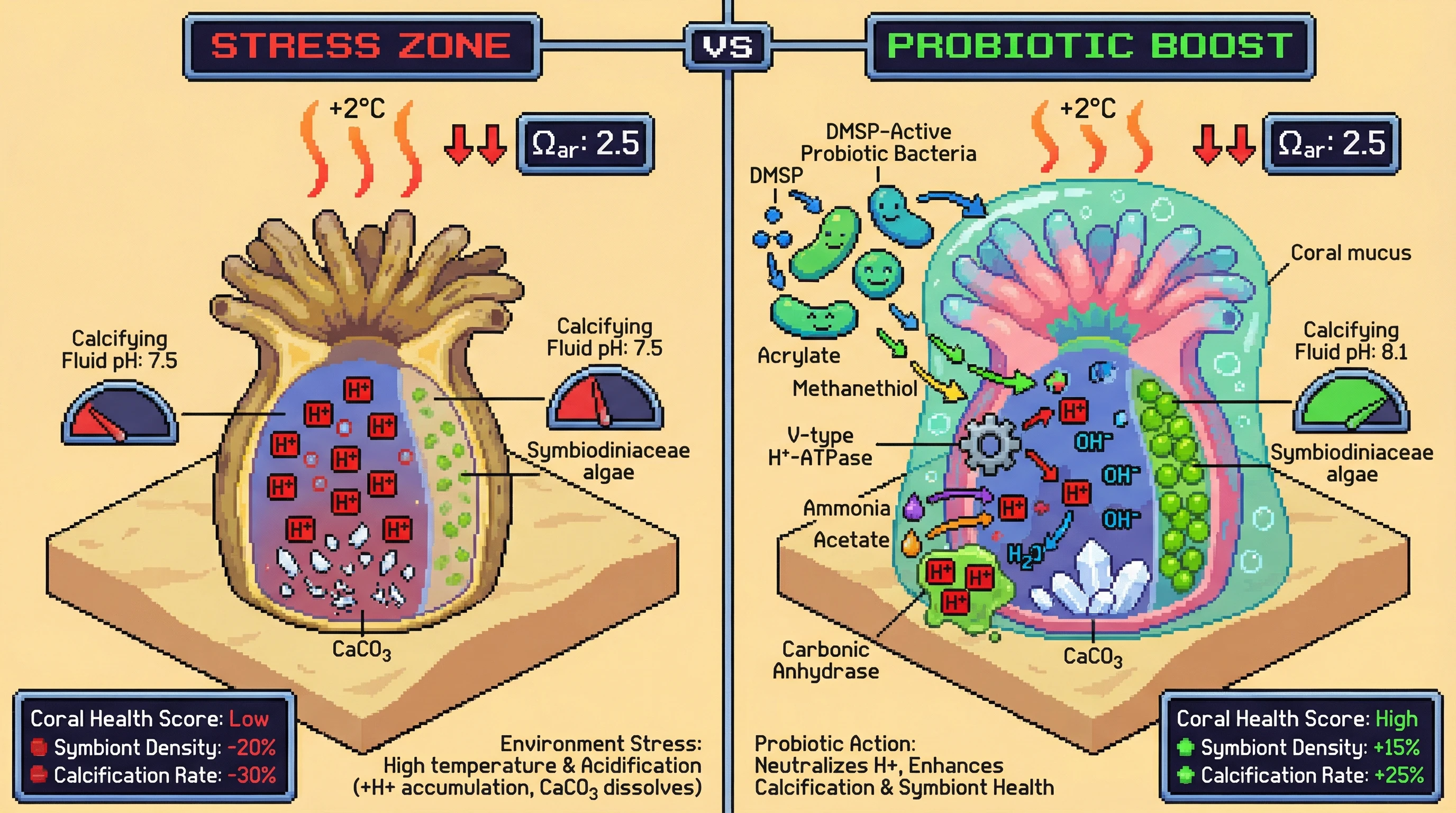 Infographic for: Bacterial DMSP Metabolism Modulates Host Calcifying Fluid pH to Couple Thermal Tolerance with Ocean Acidification Resilience in Corals