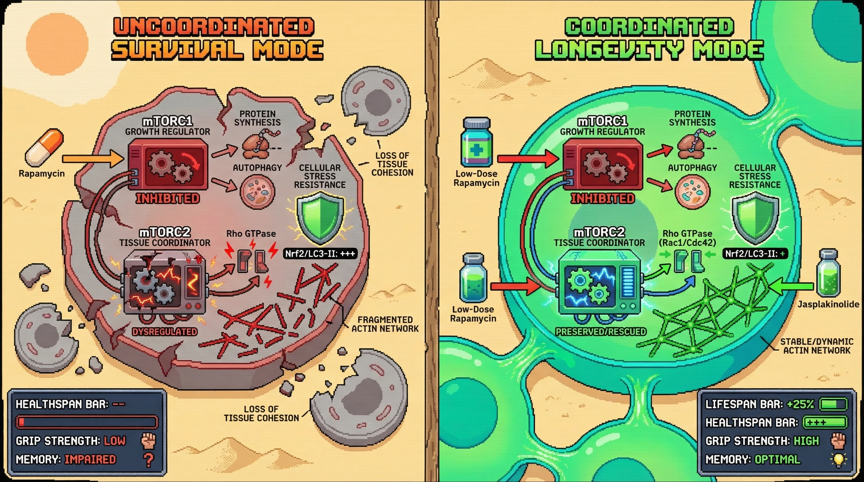 Mechanism: Suppressing mTORC1 extends lifespan but requires active mTORC2-driven actin remodeling for tissue coordination and healthspan. Readout: Readout: Preserving mTORC2 activity maintains tissue function, leading to increased grip strength, improved memory, and a longer lifespan.