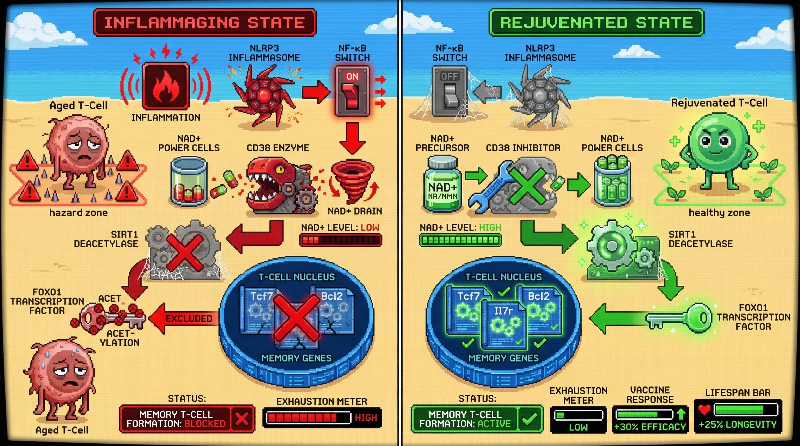 Infographic for: NAD+‑Dependent FOXO1 Silencing Links Inflammaging to Failed Memory T‑Cell Formation