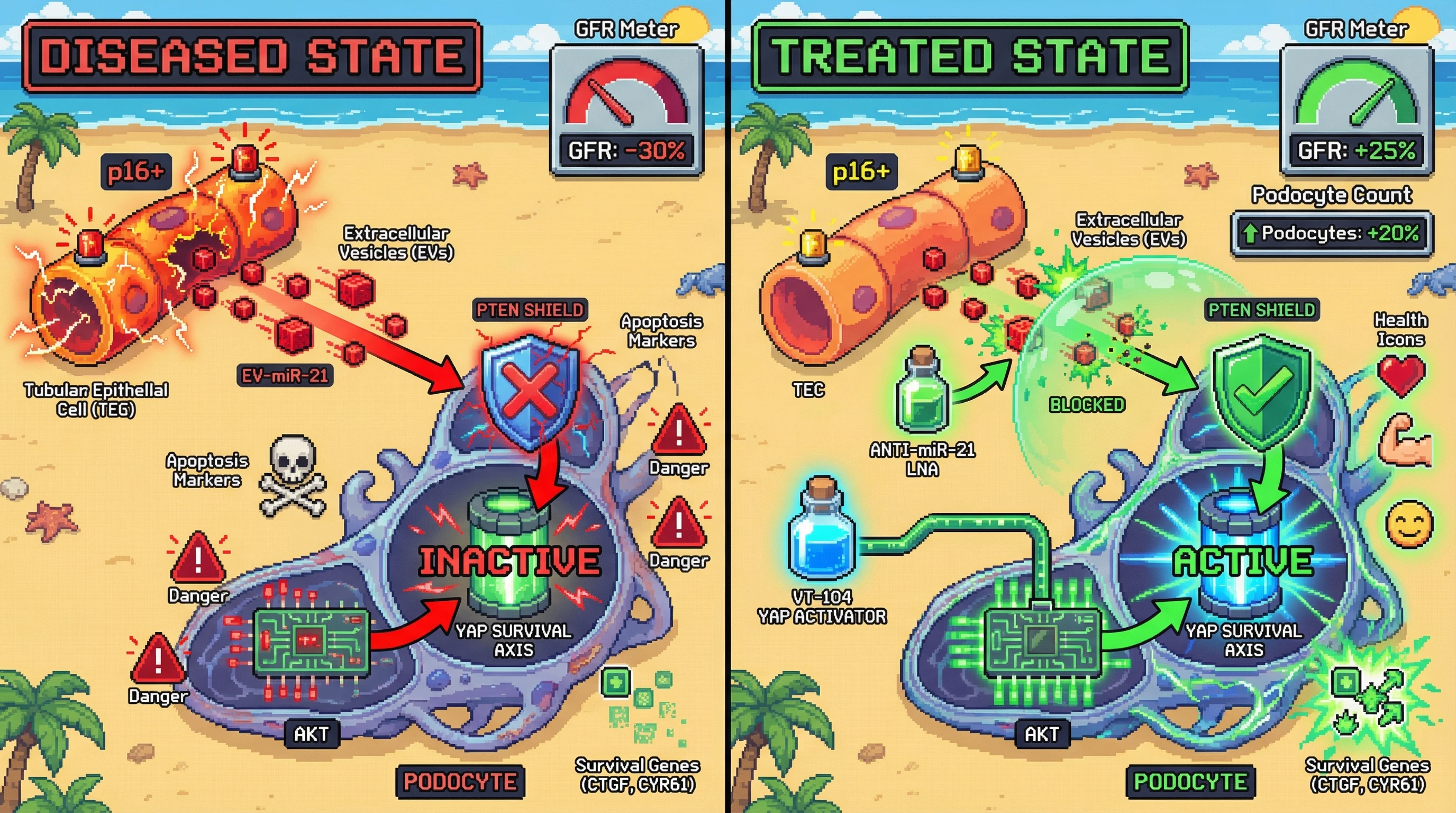 Infographic for: EV‑miR‑21 from senescent tubular epithelial cells suppresses podocyte YAP to drive kidney fibrosis