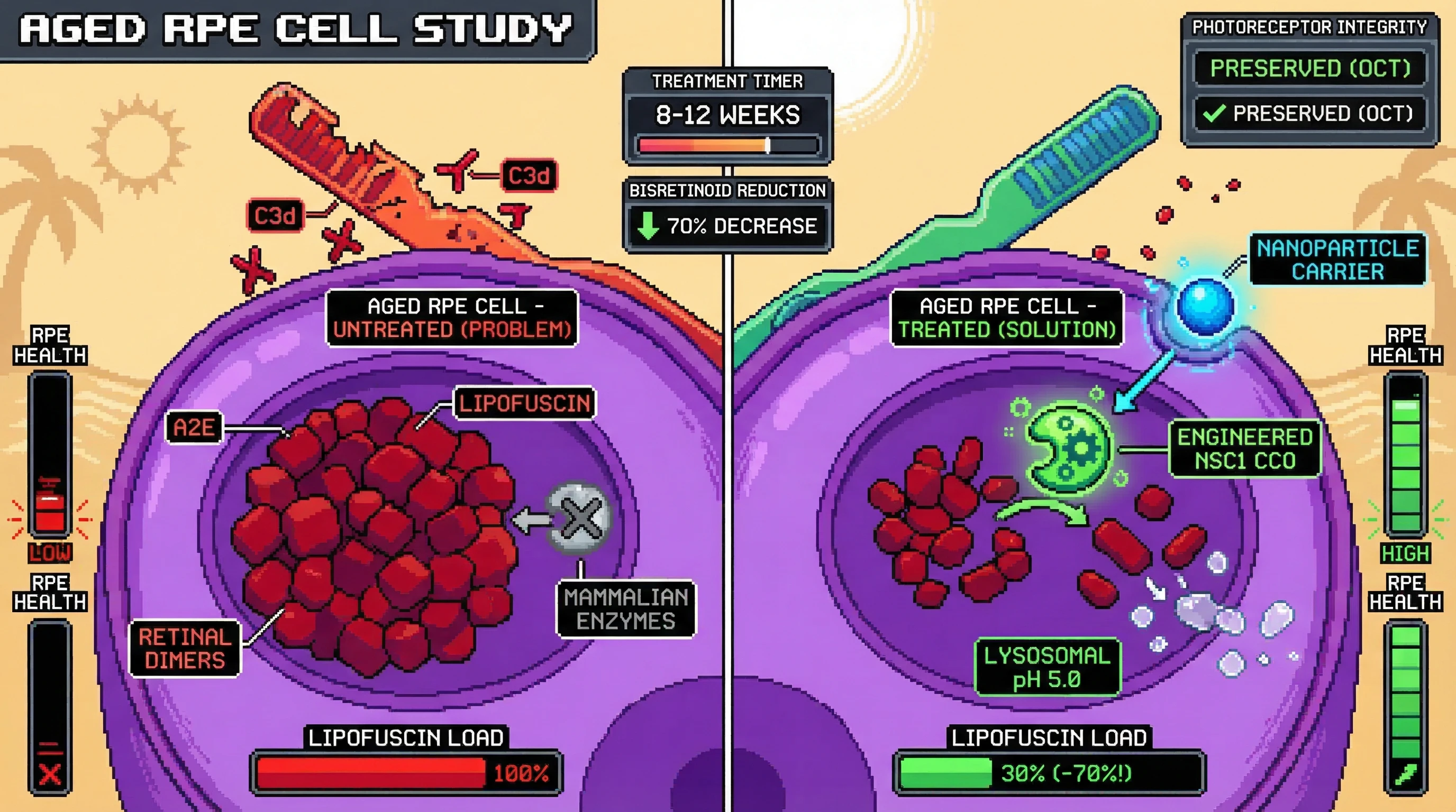 Mechanism: Lysosome-targeted nanoparticles deliver an engineered NSC1 CCO enzyme to RPE cell lysosomes, enabling the cleavage and reduction of accumulated A2E and retinal dimer bisretinoids. Readout: Readout: Bisretinoid load decreases by 70% within 8-12 weeks, accompanied by preserved photoreceptor integrity and reduced complement activation.