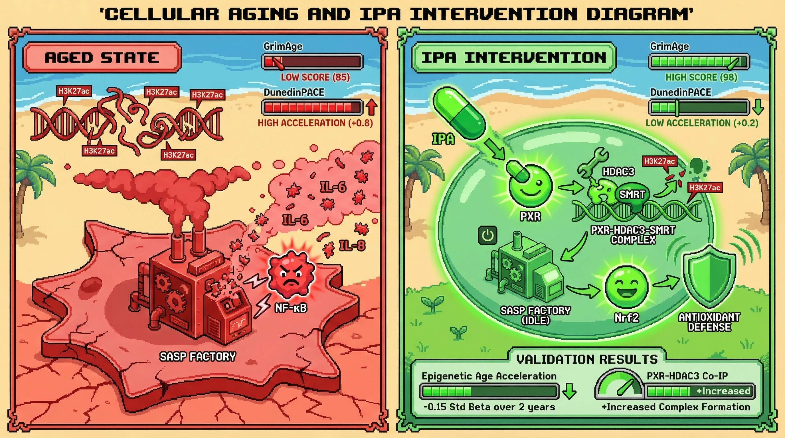 Infographic for: IPA‑PXR‑HDAC3 Axis as a Direct Modulator of Epigenetic Aging