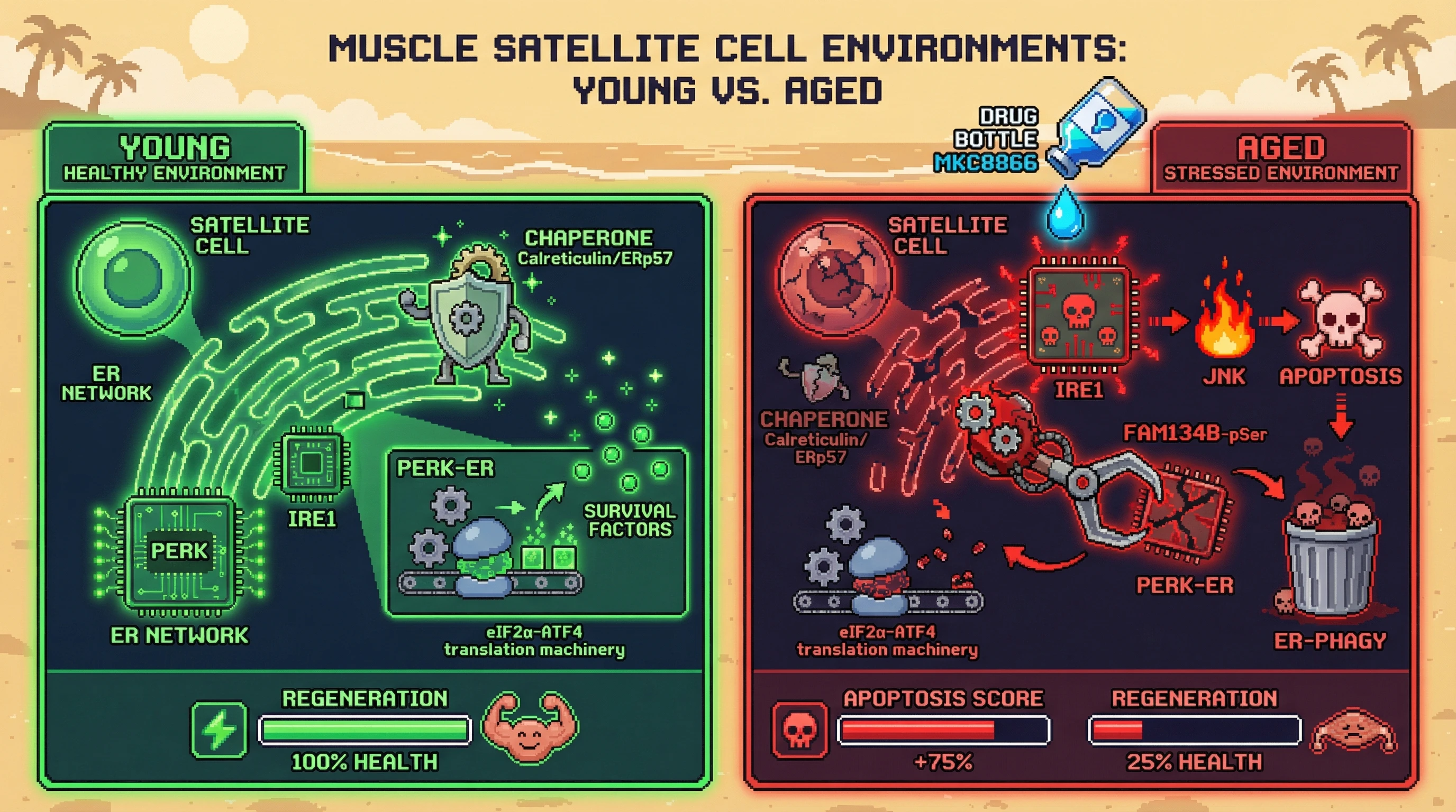 Mechanism: Aging reduces ER chaperones, increasing the IRE1-PERK activity ratio, which drives selective ER-phagy of PERK-rich ER and impairs satellite cell survival. Readout: Readout: Reducing IRE1 activity with MKC8866 restores PERK-ER density, increases ATF4 targets, and improves satellite cell proliferation after injury.
