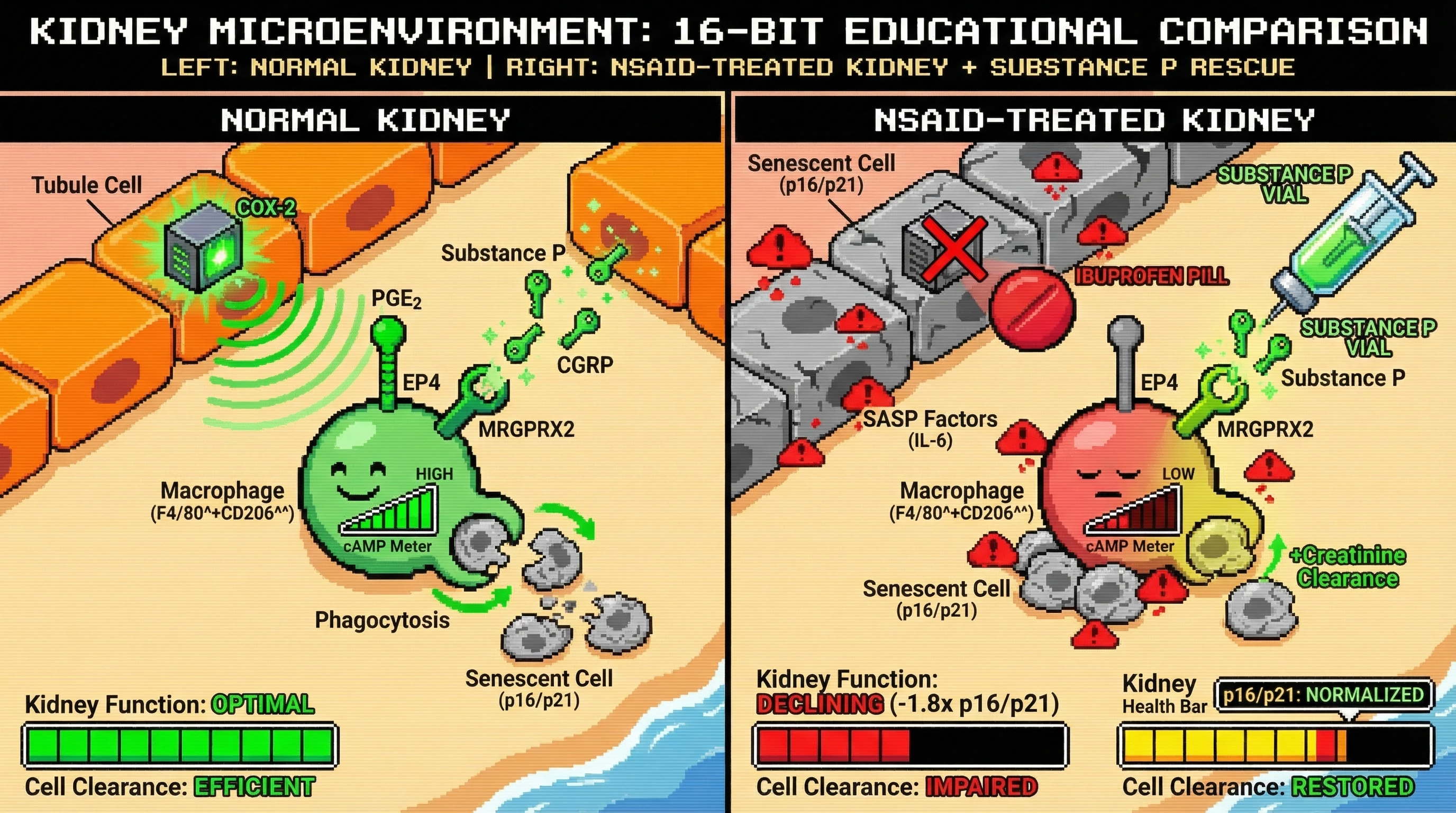 Mechanism: NSAIDs block COX-2, reducing PGE2 and neuropeptide release, which inactivates macrophages crucial for clearing senescent kidney tubular cells. Readout: Readout: This leads to an accumulation of p16/p21-positive cells and declining kidney function, which is partially rescued by exogenous Substance P.