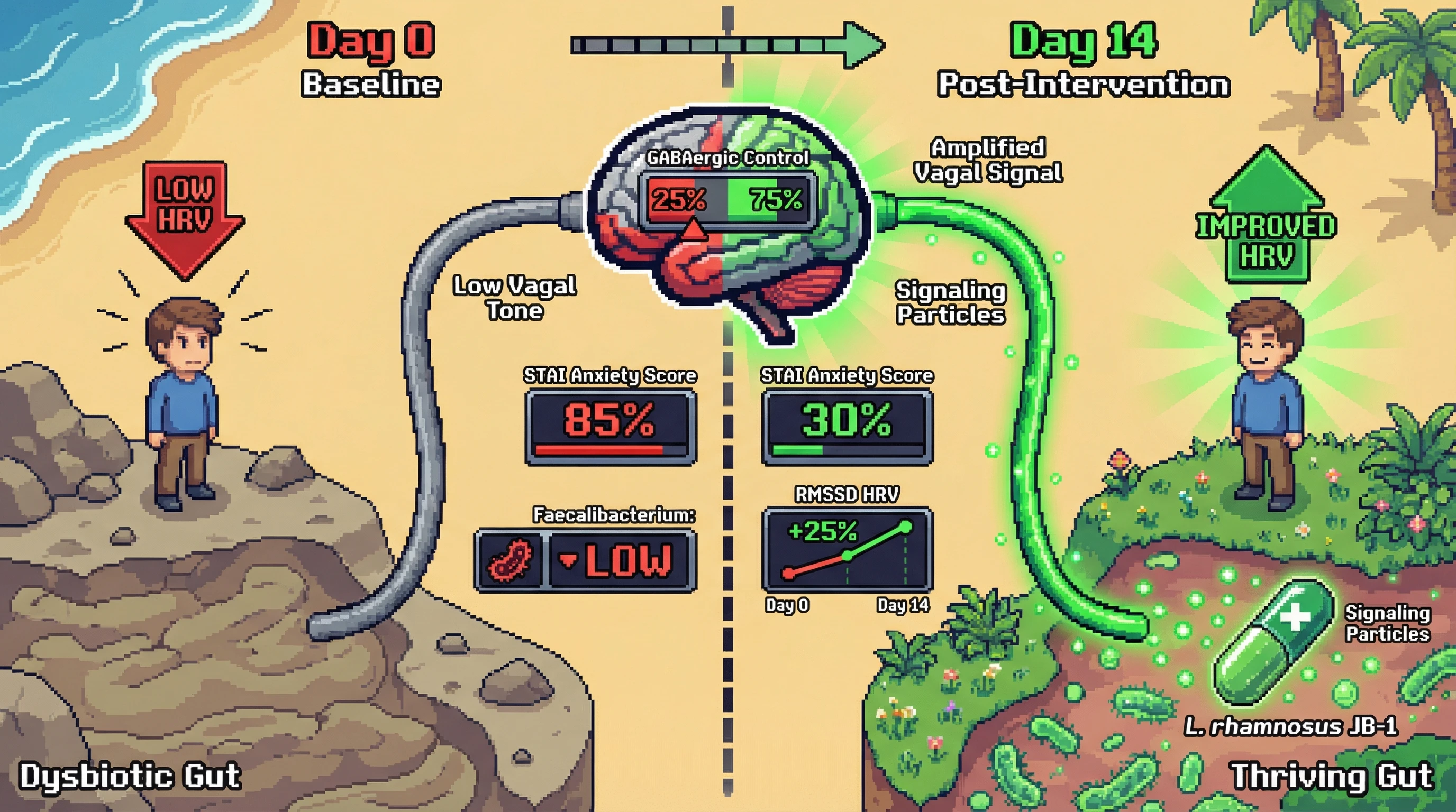 Infographic for: Baseline vagal tone predicts anxiolytic response to Lactobacillus rhamnosus JB-1 via HRV‑dependent amplification of vagal‑GABA signaling