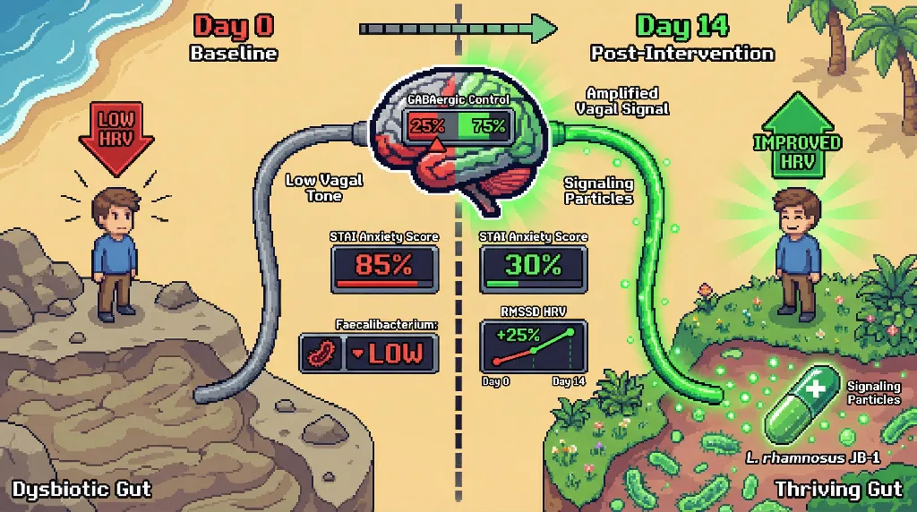 Infographic for: Baseline vagal tone predicts anxiolytic response to Lactobacillus rhamnosus JB-1 via HRV‑dependent amplification of vagal‑GABA signaling