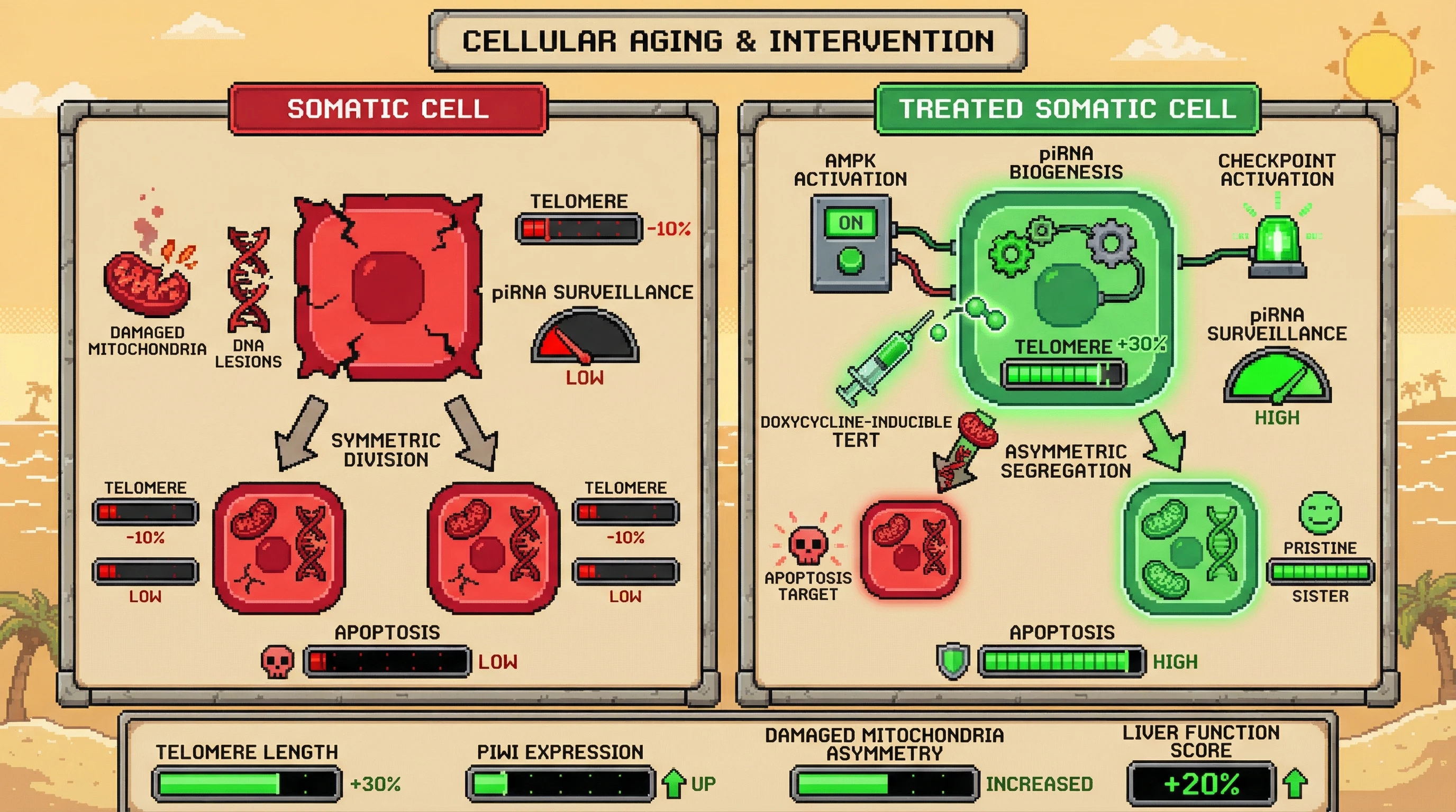 Mechanism: Transient AMPK activation and pulsed TERT expression reactivate the piRNA pathway and enforce asymmetric segregation of damaged macromolecules in somatic cells. Readout: Readout: Telomere length, piRNA/PIWI expression, and asymmetric mitochondrial segregation increase, leading to improved liver function and apoptosis of damaged cells.