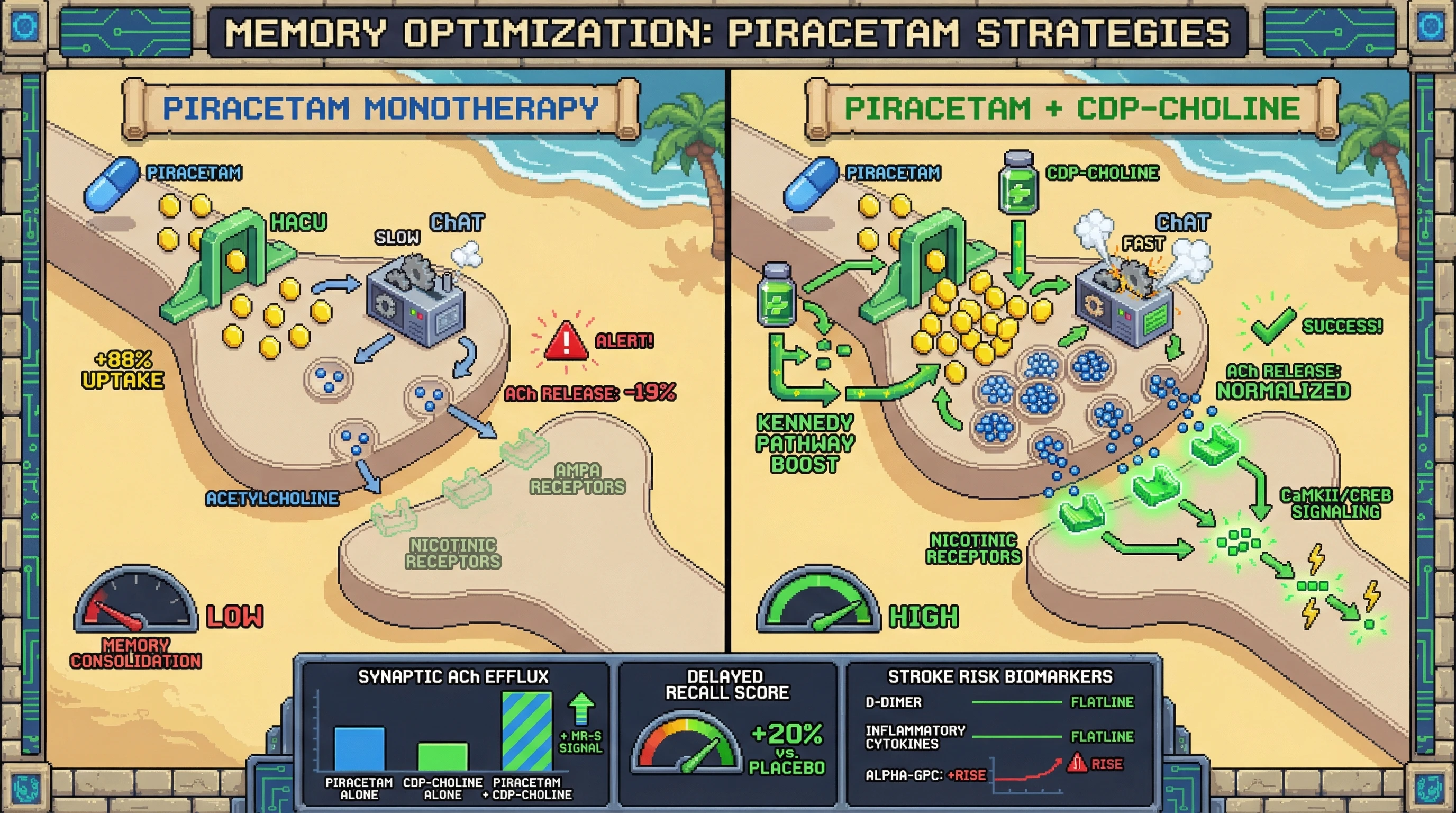 Mechanism: Piracetam alone reduces acetylcholine release despite increasing choline uptake; CDP-choline restores synthesis and vesicular loading, boosting cholinergic transmission. Readout: Readout: The combination normalizes hippocampal acetylcholine efflux, improves delayed verbal recall by over 20%, and keeps stroke risk biomarkers flat.