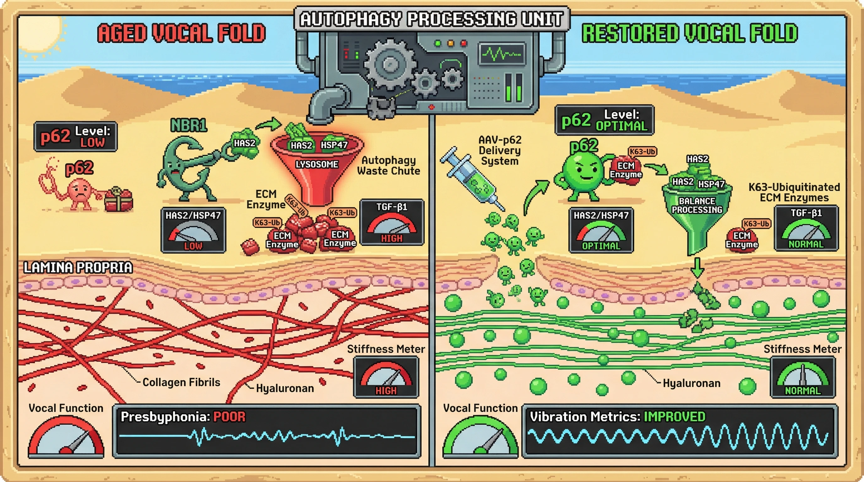 Infographic for: Shifting the Autophagy Receptor Pecking Order: p62 Loss Reprograms Vocal Fold ECM Turnover and Drives Presbyphonia