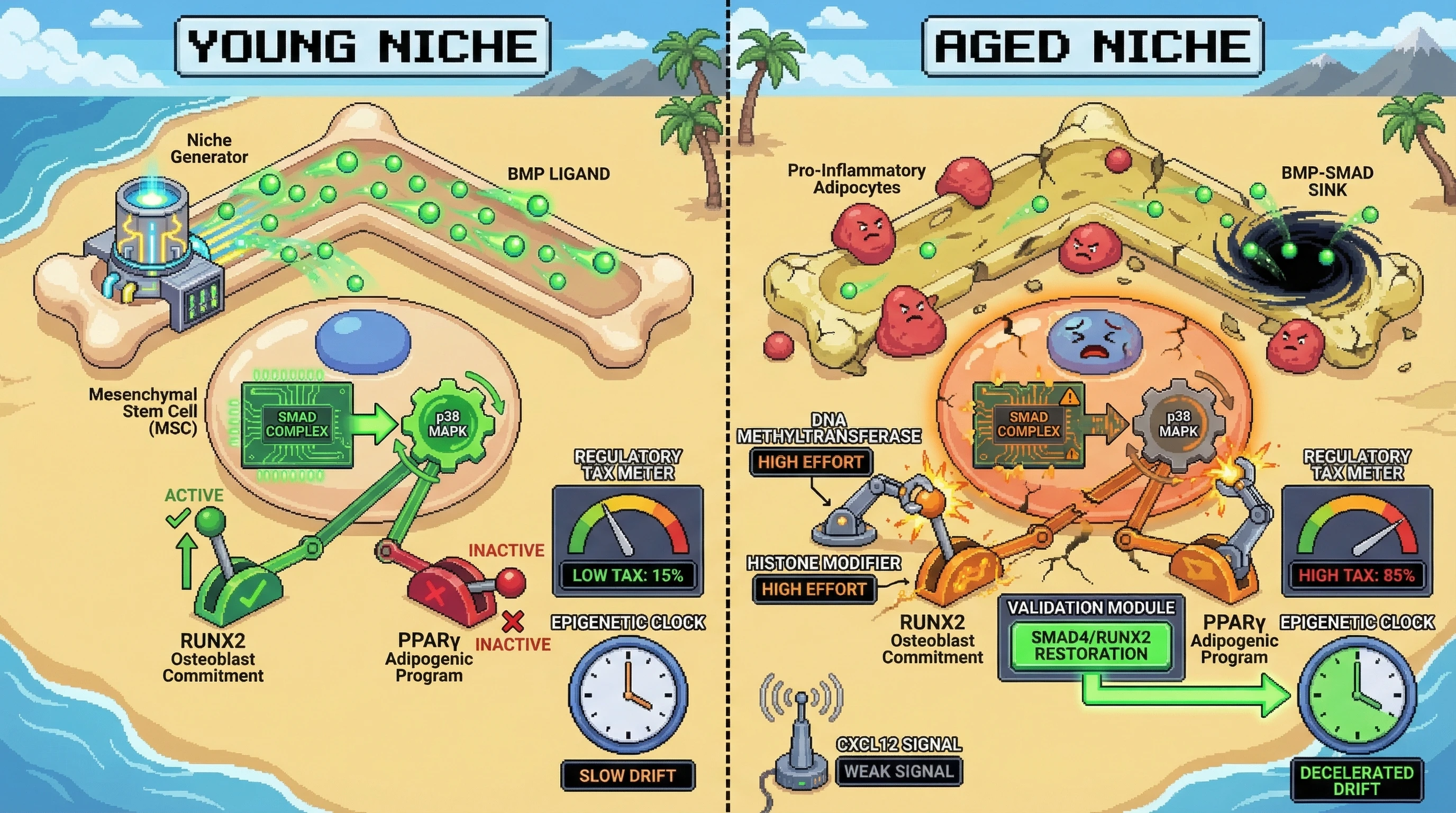 Mechanism: In aged mesenchymal stem cells, declining BMP/SMAD signaling and a 'BMP-SMAD sink' force increased regulatory effort to suppress adipogenic programs and maintain osteoblast identity. Readout: Readout: This 'regulatory tax' accelerates the epigenetic clock, a process that can be decelerated by restoring SMAD4 or Runx2 occupancy.