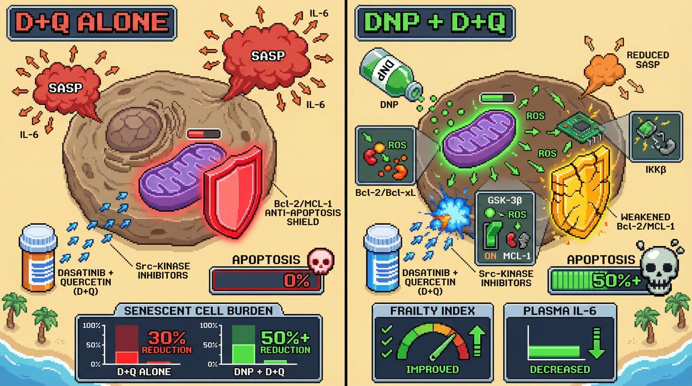 Mechanism: Low-dose DNP pre-treatment induces mitochondrial ROS, which destabilizes anti-apoptotic Bcl-2/MCL-1 proteins and inhibits IL-6-driven SASP. Readout: Readout: This sensitizes senescent cells to D+Q-induced apoptosis, leading to greater senescent cell clearance, reduced inflammation, and improved frailty scores.