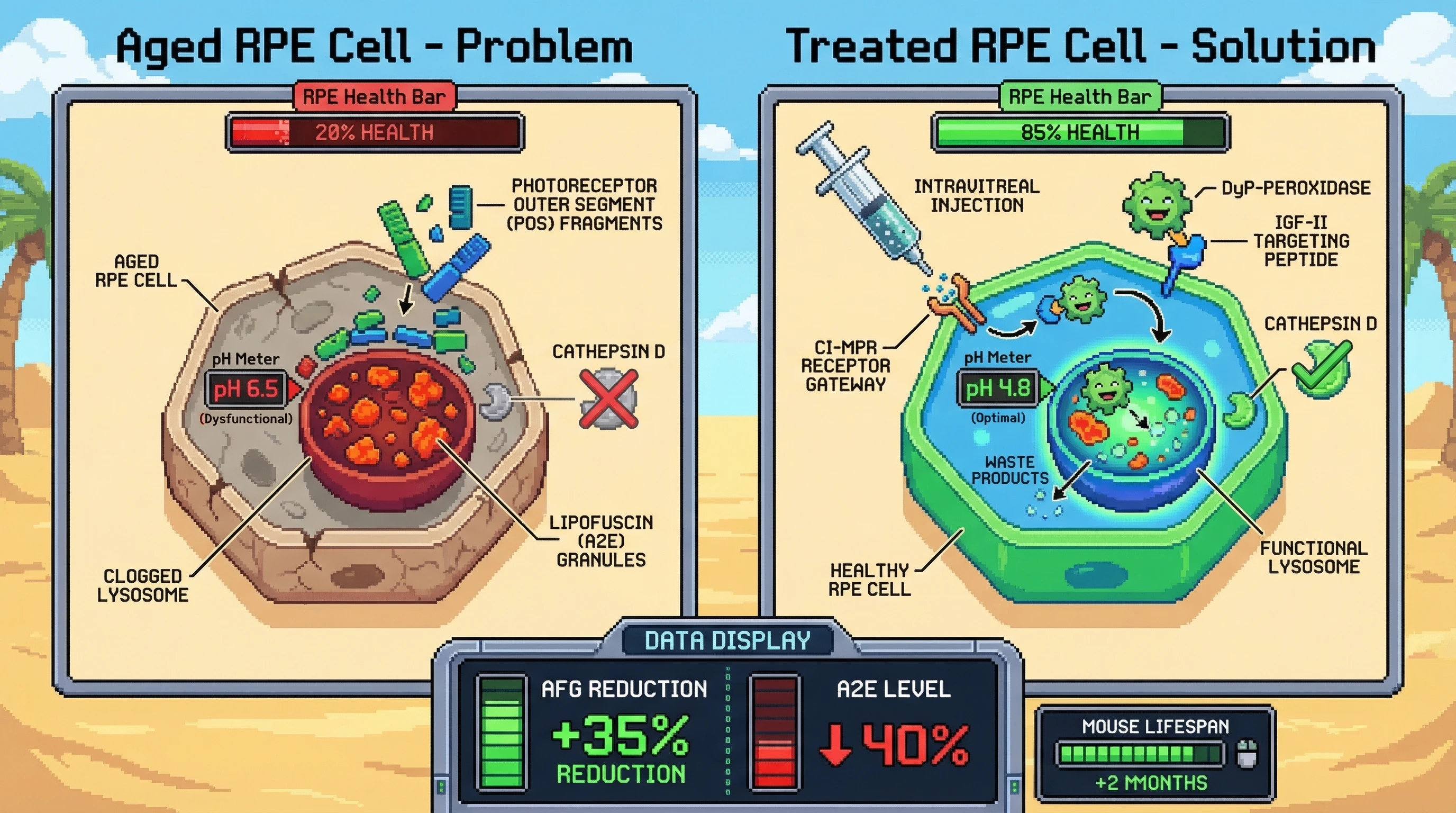Infographic for: A soil metagenome-sourced DyP-type peroxidase engineered with IGF-II lysosomal targeting can clear accumulated lipofu...