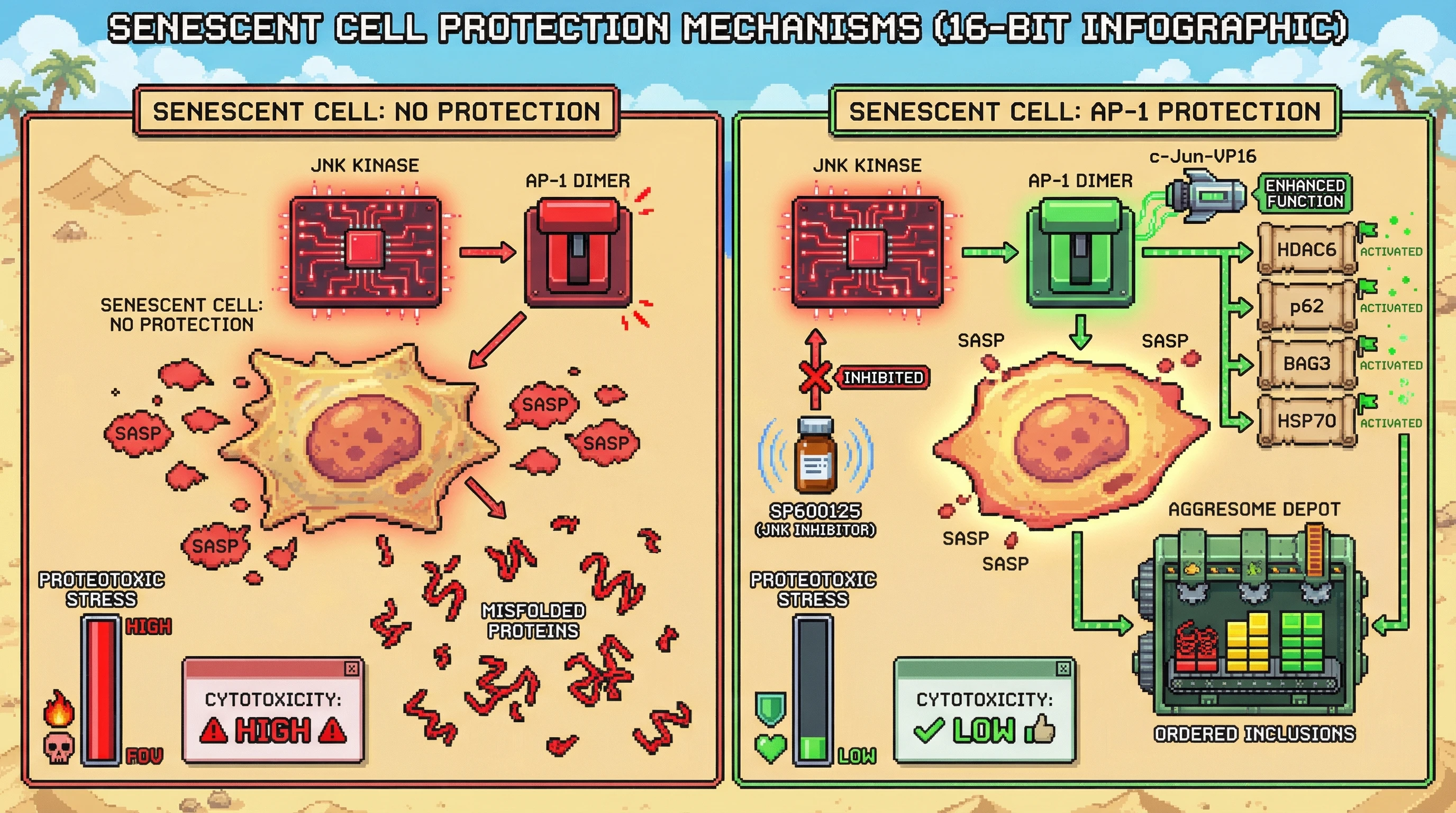 Mechanism: Chronic JNK-AP-1 activation transcriptionally programs aggresome machinery, leading to the ordered sequestration of misfolded proteins. Readout: Readout: This process converts proteotoxic stress into a cytoprotective state, reducing cellular cytotoxicity despite persistent SASP secretion.