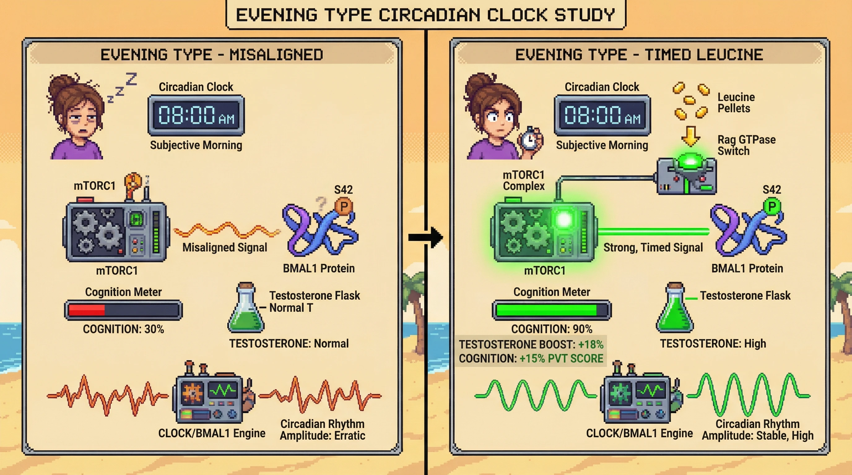 Mechanism: Timed leucine administration activates mTORC1, which then phosphorylates BMAL1 at S42, enhancing circadian rhythm stability. Readout: Readout: This intervention increases testosterone levels by over 15% and improves cognitive performance by 10% in chronotype-specific scenarios.
