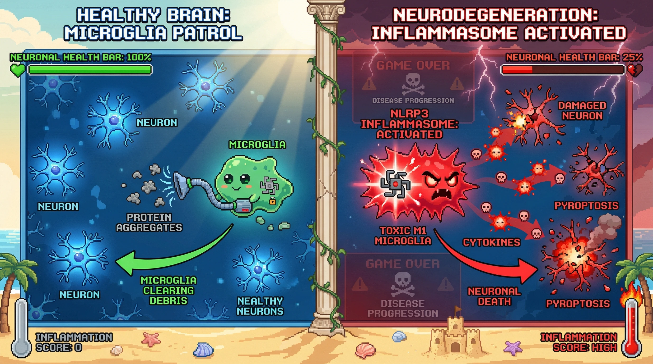 Infographic for: Microglia shift from protective to toxic in neurodegeneration—and the NLRP3 inflammasome is the switch