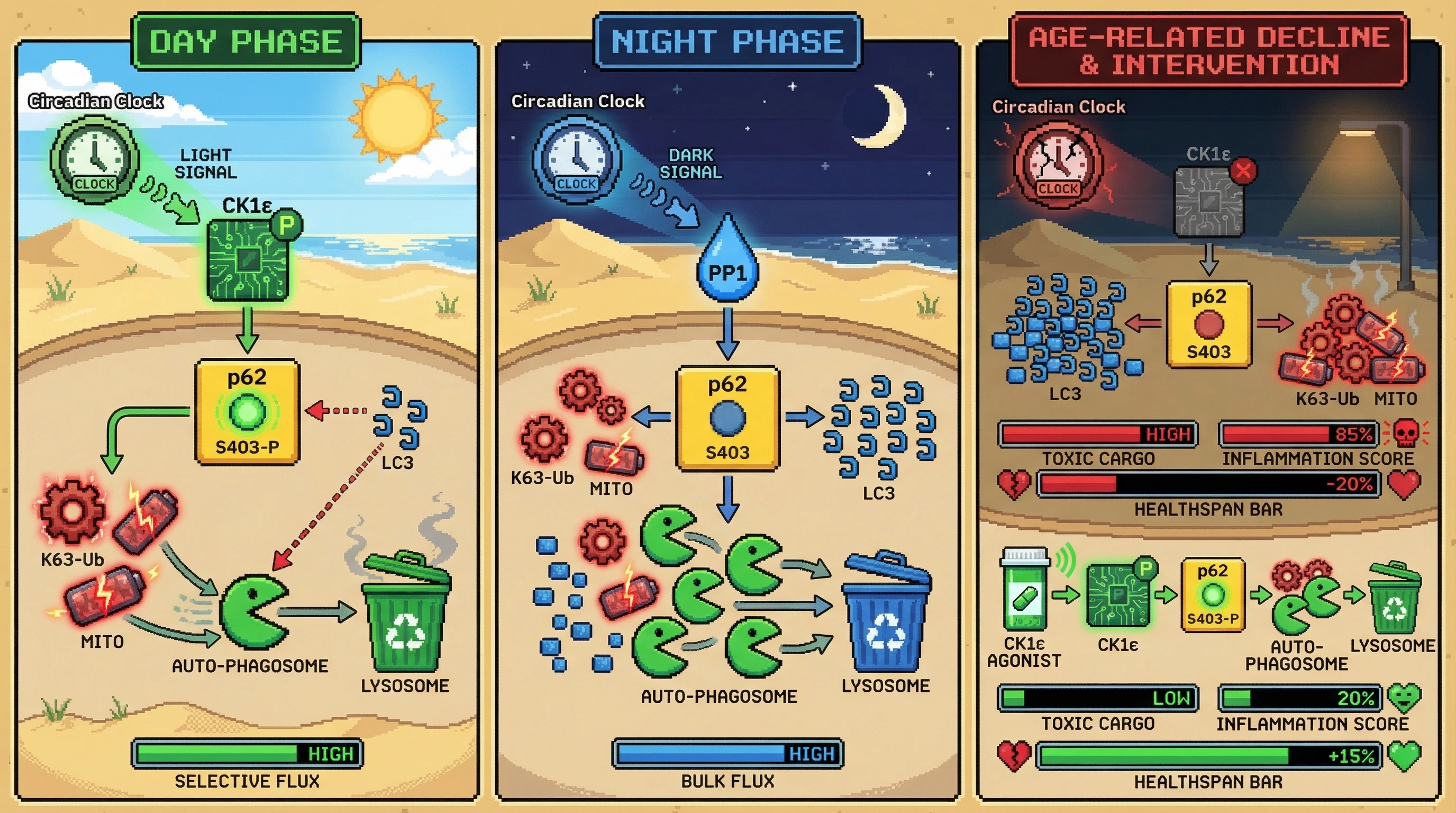 Infographic for: Circadian Gating of Autophagy Substrate Hierarchy: Phospho-Switch of p62 Determines Selective vs Bulk Flux and Drives Age-Related Decline