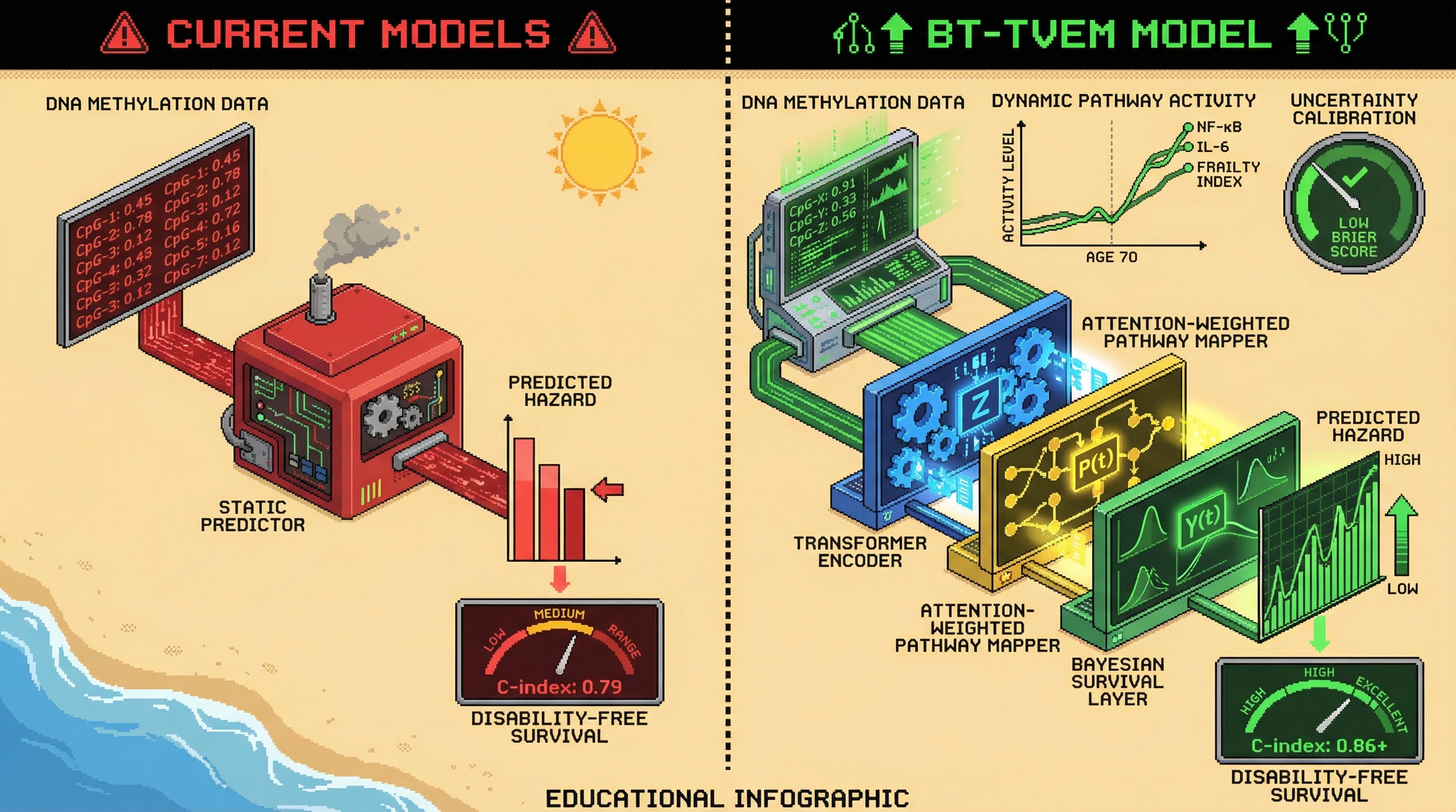 Infographic for: A Bayesian Transformer Time-Varying Effect Model (BT-TVEM) for Epigenetic Clocks Improves Healthspan Prediction and Reveals Dynamic CpG Networks Driving Disability-Free Survival