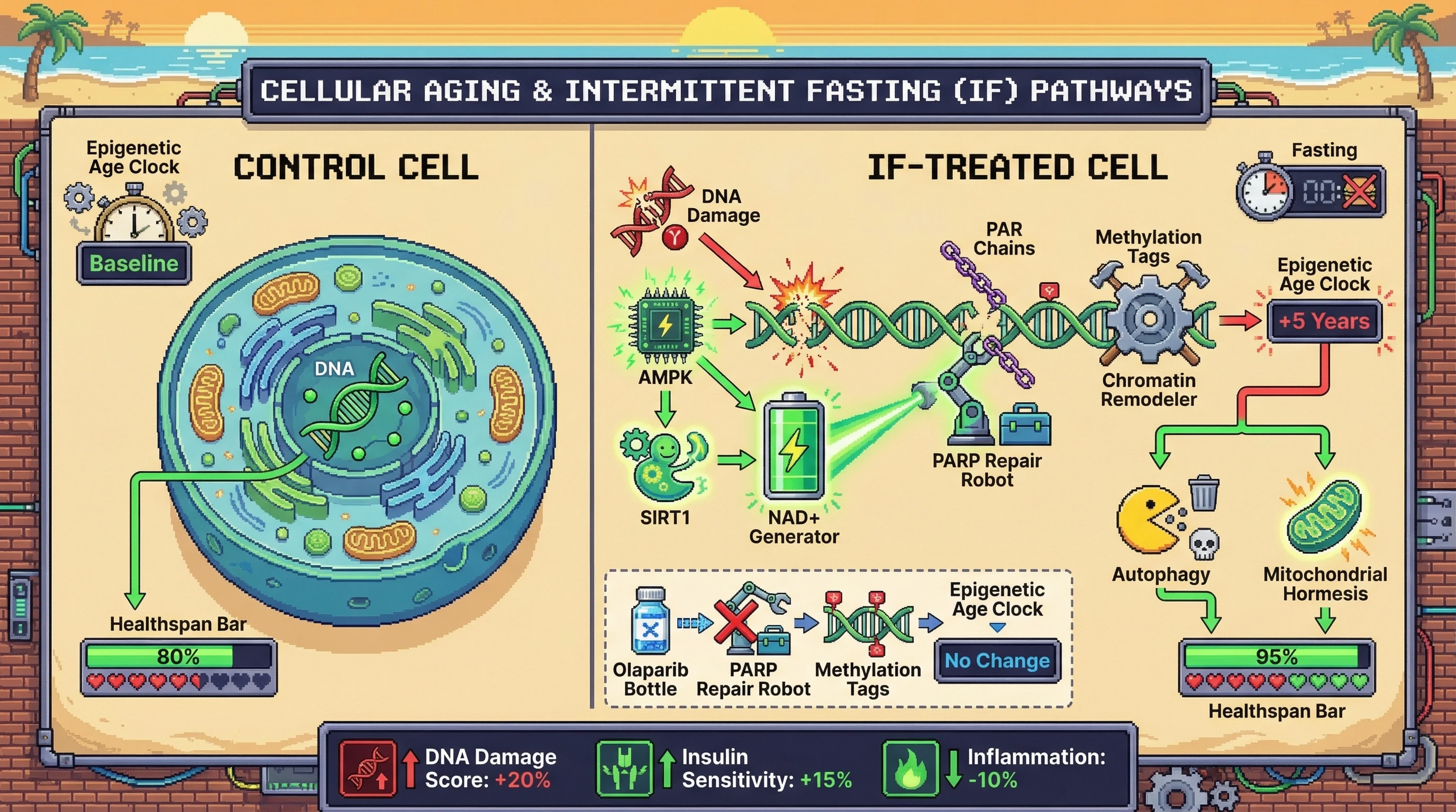 Mechanism: Intermittent fasting activates PARP-mediated DNA repair, which transiently increases epigenetic age via chromatin remodeling. Readout: Readout: This occurs alongside improved healthspan markers, and can be blunted by PARP inhibition.