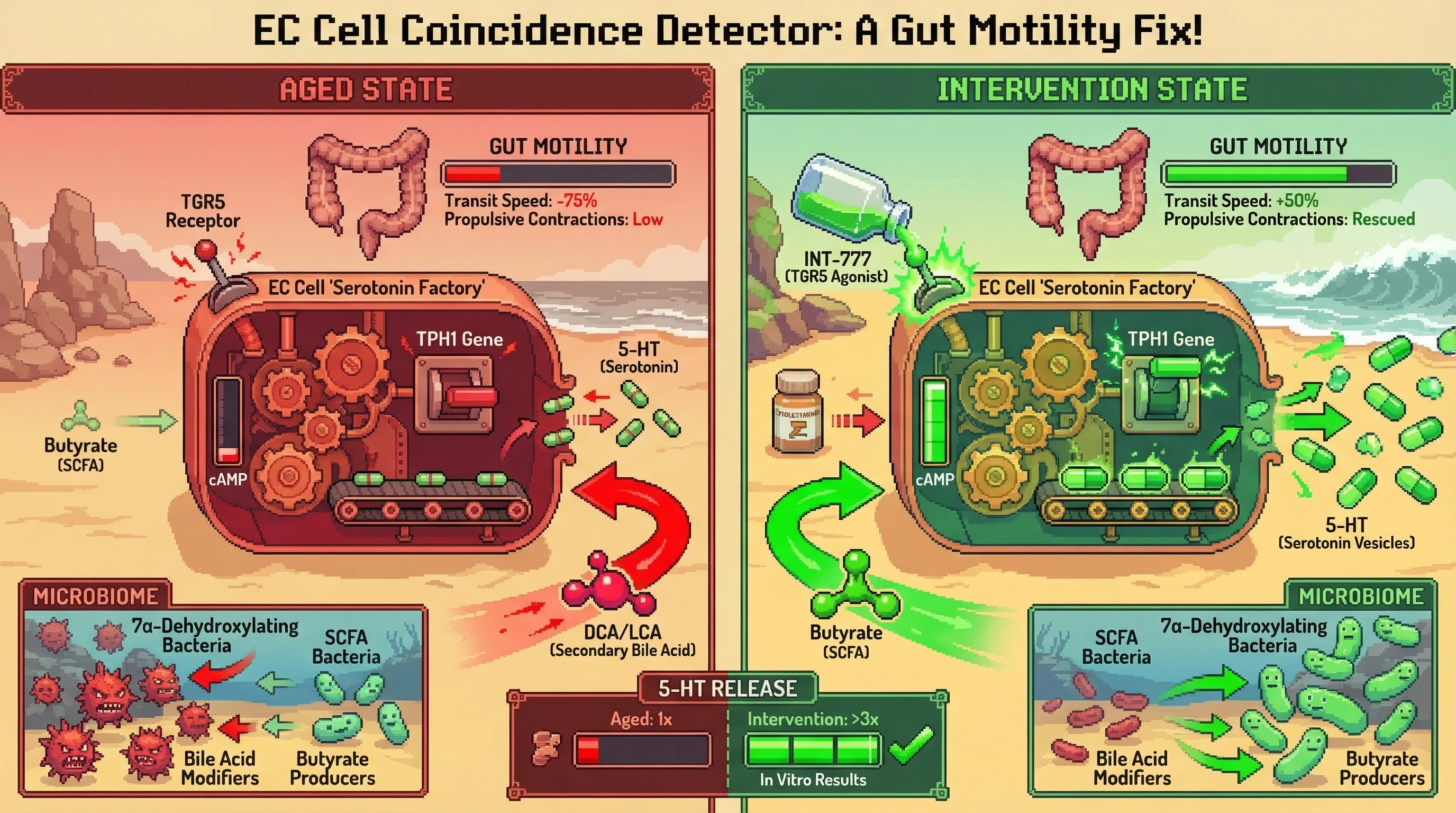 Mechanism: Combined SCFA and TGR5 agonist treatment restores Enterochromaffin cell serotonin production and release. Readout: Readout: Gut motility accelerates, propulsive contractions are rescued, and 5-HT release increases by over 3-fold.