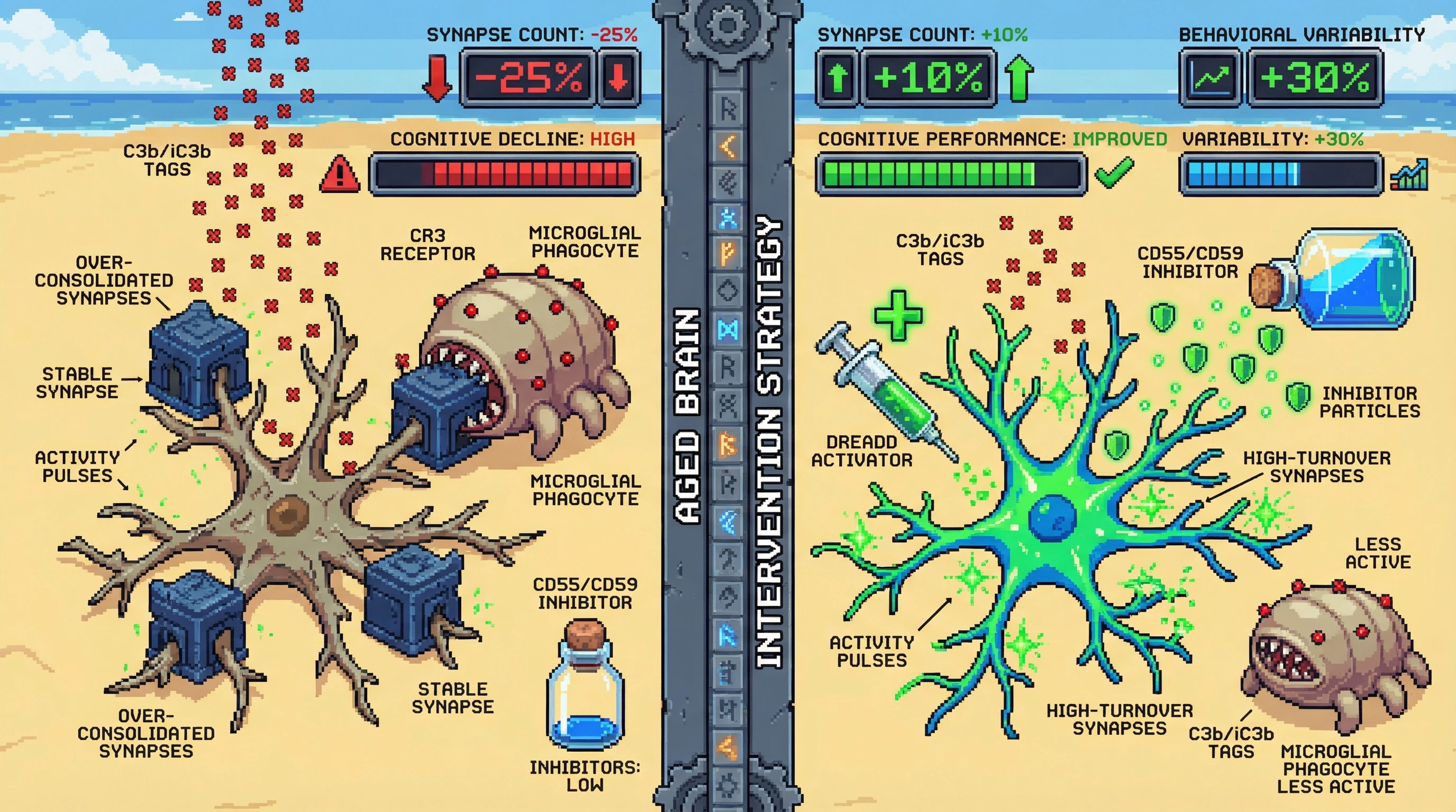 Infographic for: Over-consolidation triggers complement-mediated synaptic pruning as a failed attempt to restore neural variability in aging