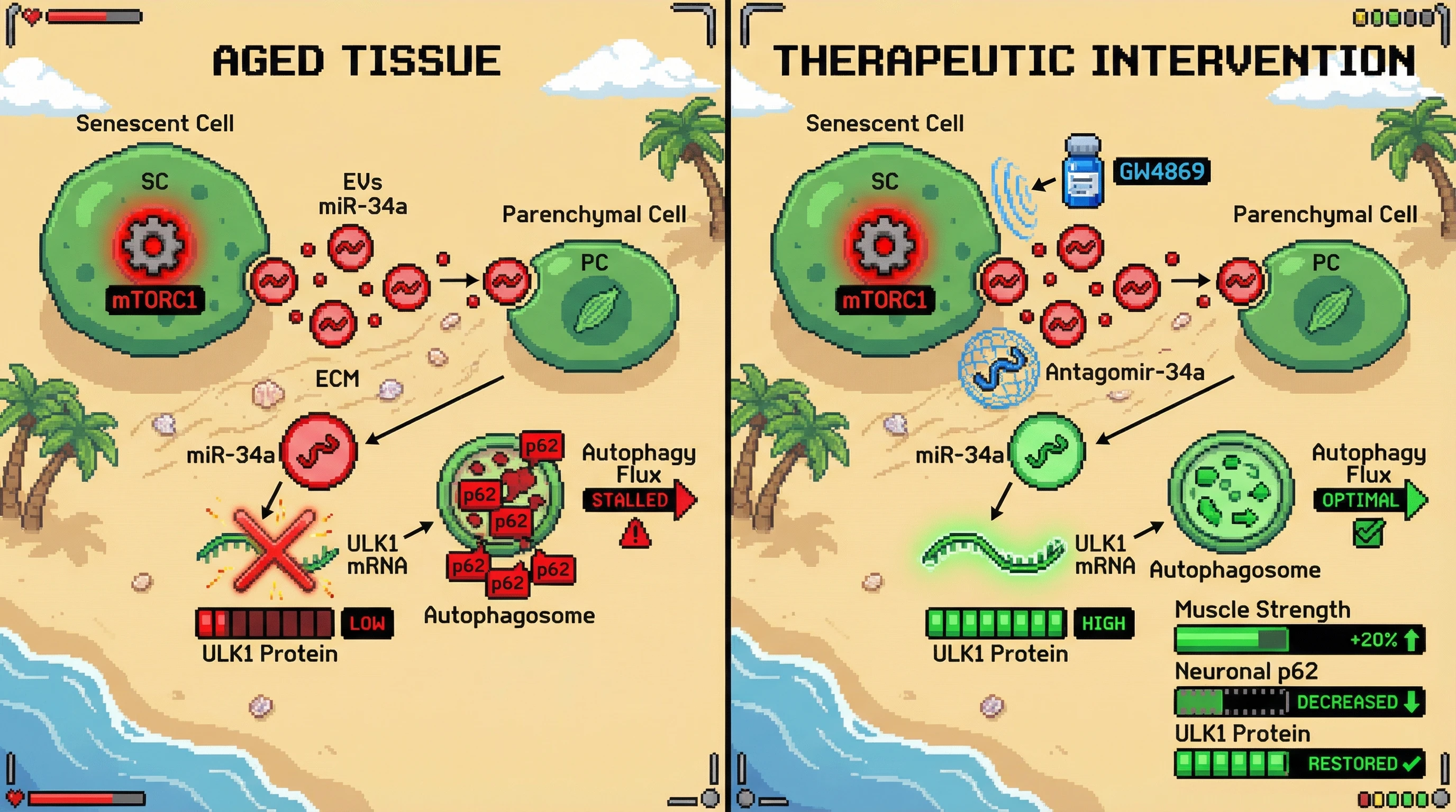 Mechanism: Senescent cells release miR-34a-carrying extracellular vesicles that suppress ULK1 translation and stall autophagy in neighboring cells. Readout: Readout: Intercepting these vesicles or neutralizing miR-34a restores ULK1 protein, increases autophagosome formation, and improves muscle strength by +20%.
