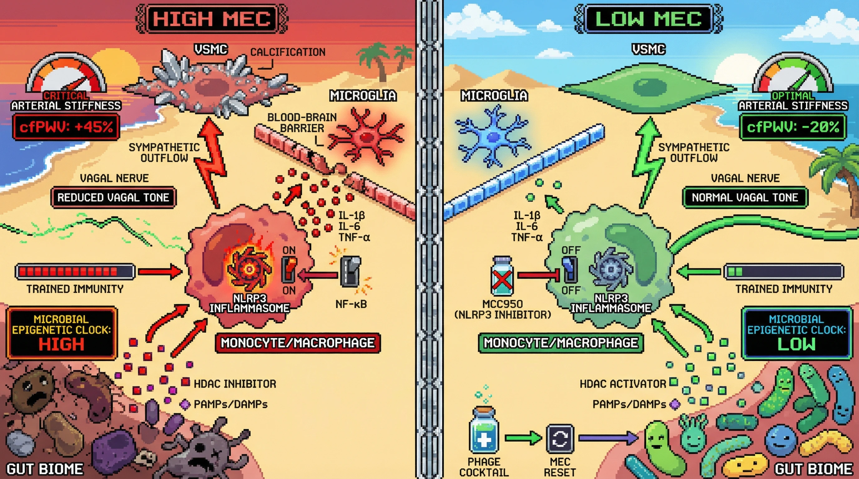 Mechanism: A high microbial epigenetic clock (MEC) drives trained immunity via HDAC inhibitors and PAMPs, leading to increased NLRP3 inflammasome activity and systemic inflammation. Readout: Readout: This process amplifies sympathetic outflow to vascular smooth muscle cells, increasing arterial stiffness (cfPWV +45%) and calcification, preventable by MEC reset or NLRP3 inhibition (cfPWV -20%).
