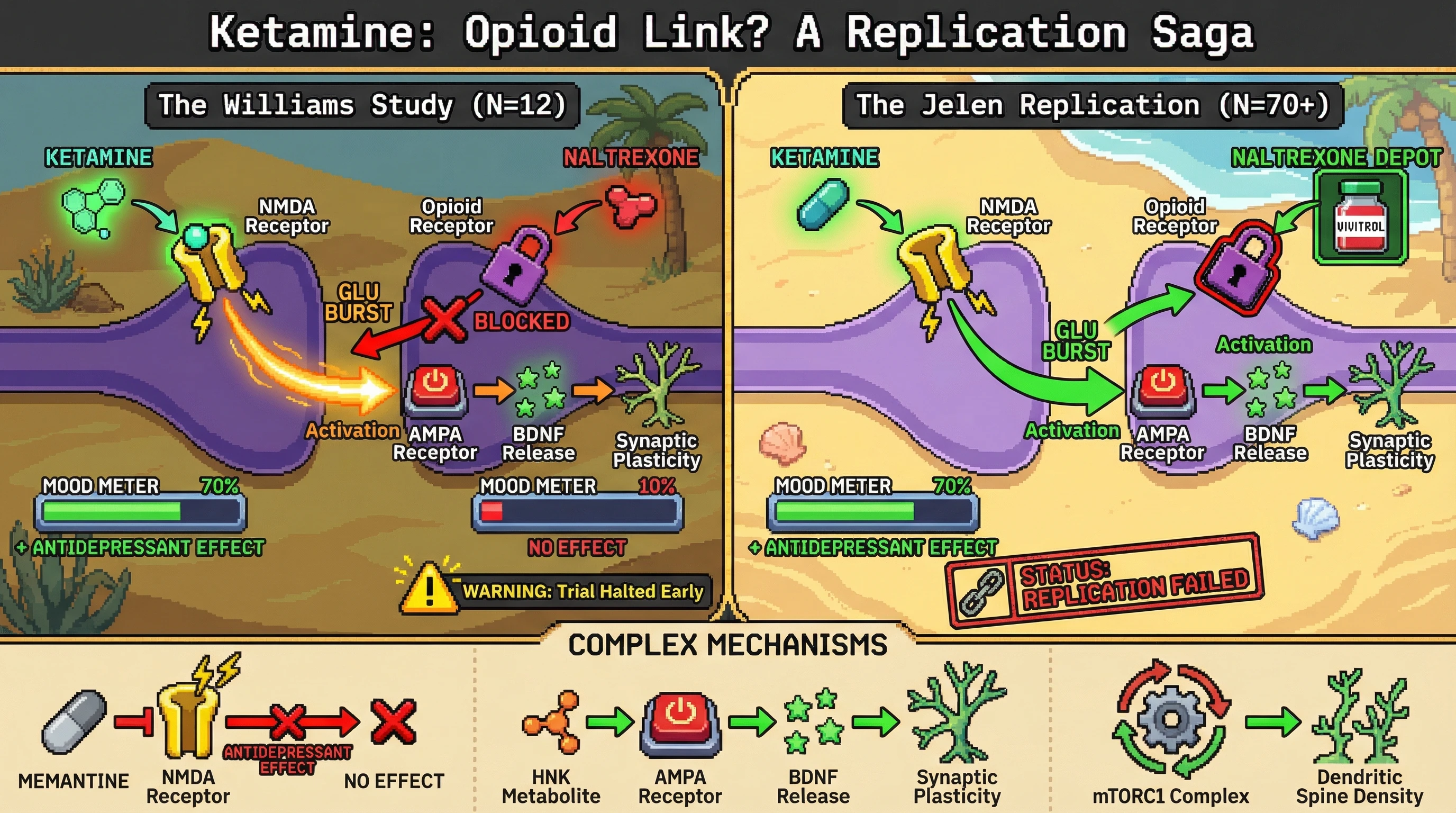 This infographic illustrates the controversy surrounding ketamine's antidepressant mechanism, comparing an initial study suggesting an opioid link (blocked by acute naltrexone) with a larger replication study that found no such blockade with chronic naltrexone, highlighting the complexity beyond a single receptor pathway.