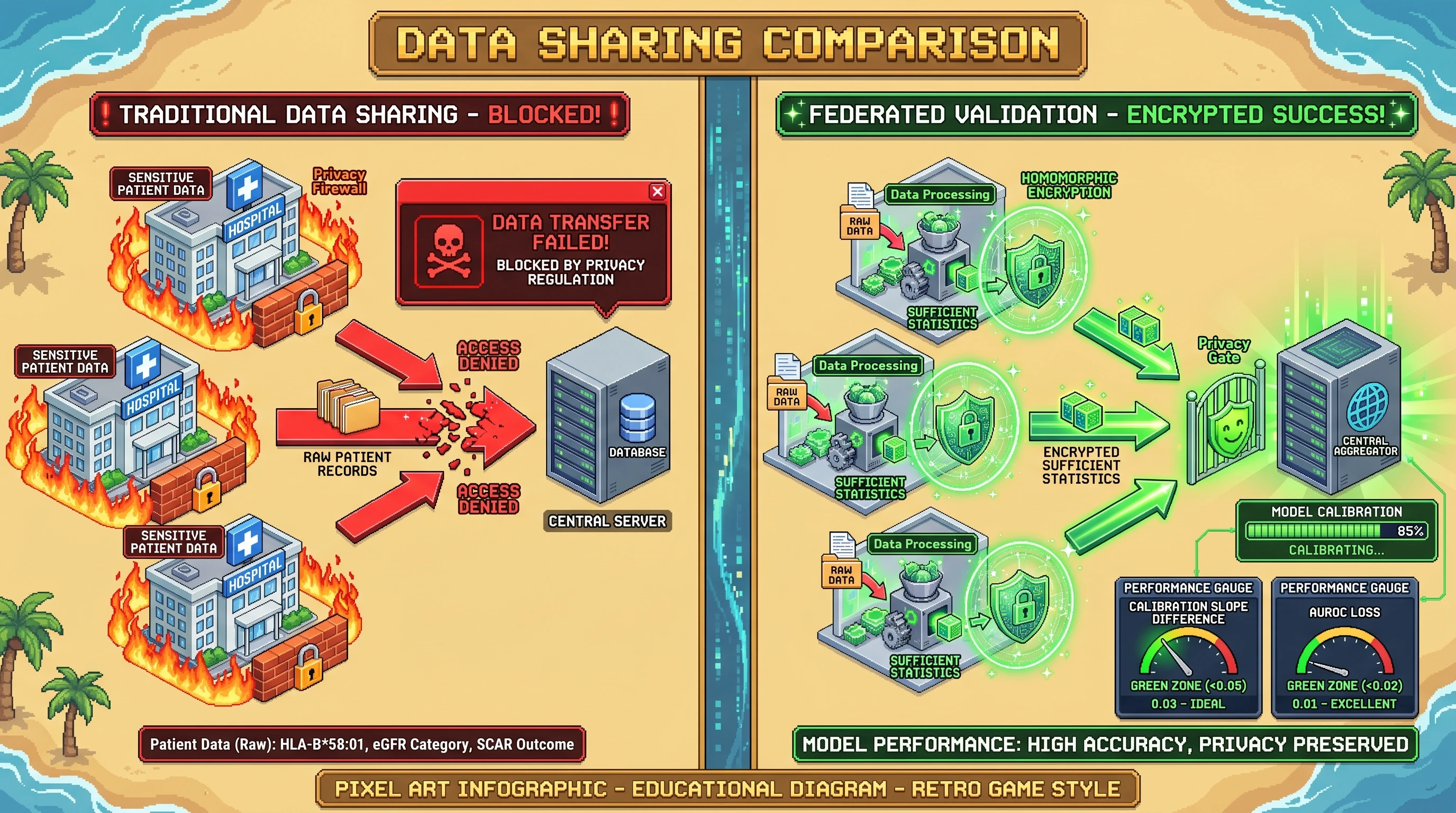 Infographic for: Hypothesis: Homomorphically encrypted pooled sufficient statistics can preserve clinically useful external validation of HLA-B*58:01- and CKD-aware allopurinol safety models across decentralized cohorts