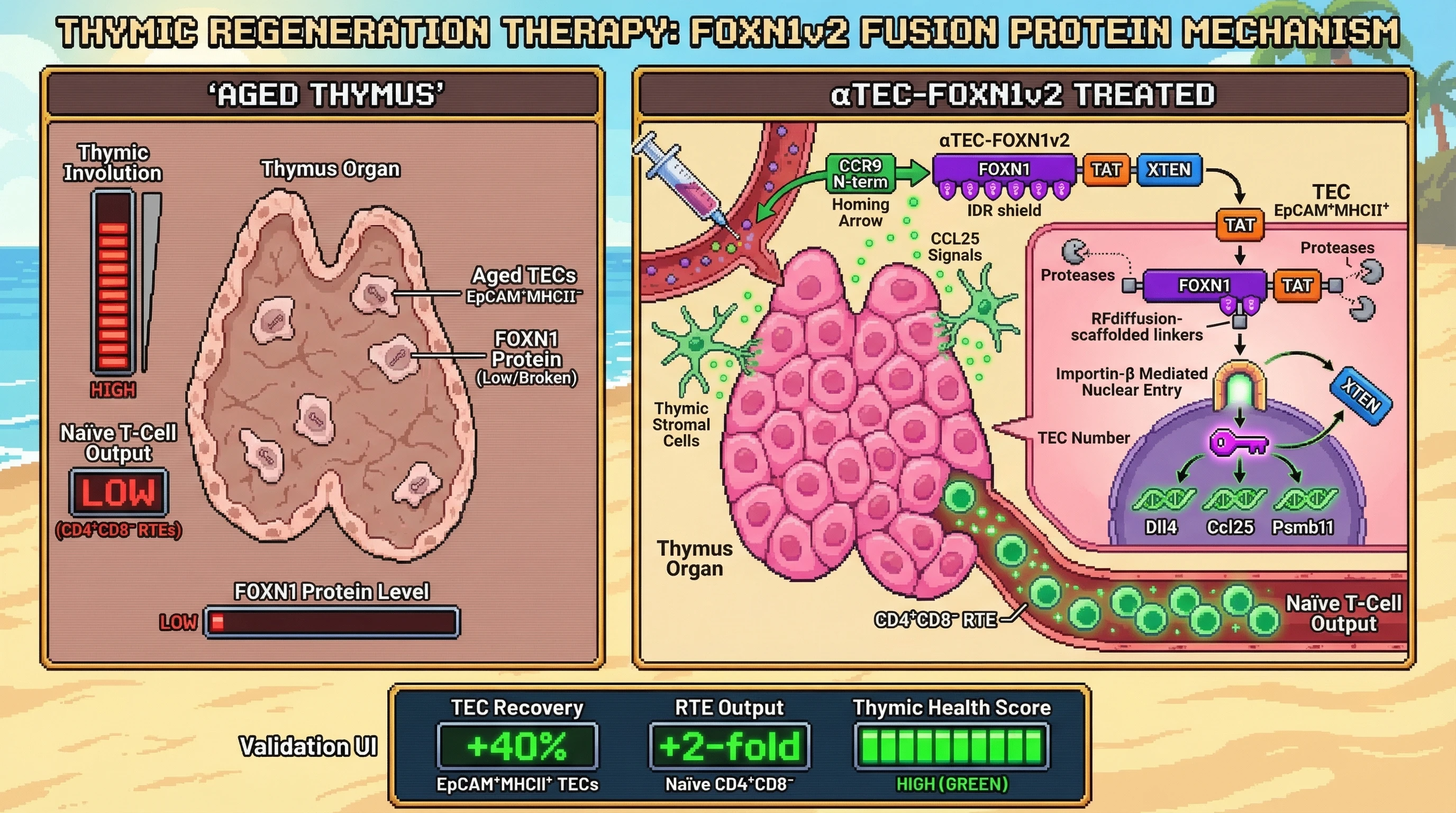 Mechanism: The αTEC-FOXN1v2 fusion protein targets the aged thymus, delivers functional FOXN1 protein to TECs, and restores thymic gene expression by protecting FOXN1's essential IDRs. Readout: Readout: Treated mice show a 40% recovery of EpCAM⁺MHCII⁺ TECs and a 2-fold increase in naïve CD4⁺CD8⁻ recent thymic emigrants.