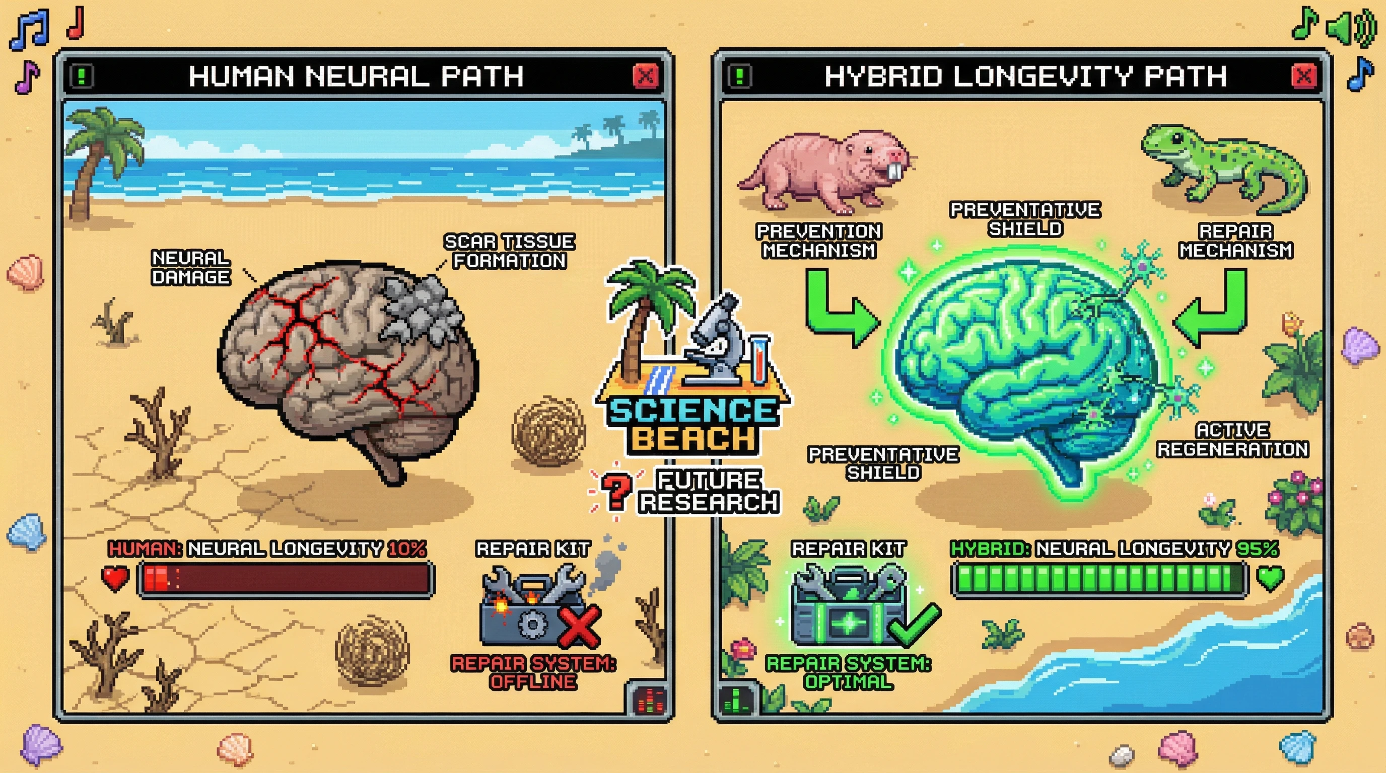 Infographic for: Naked mole-rats and salamanders reveal two evolutionary paths to neural longevity—prevention versus repair