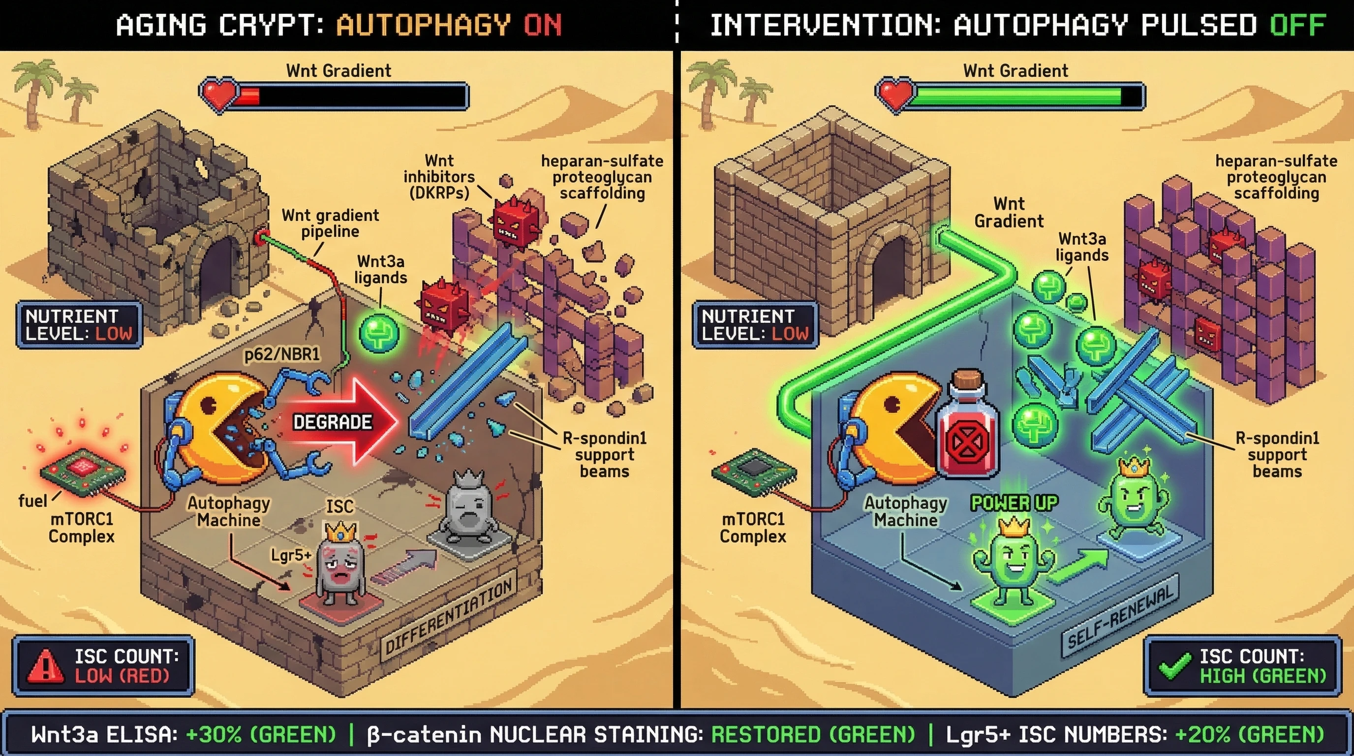 Mechanism: Chronic autophagy in aging intestinal stem cells degrades extracellular Wnt ligands and niche-supporting factors, collapsing the Wnt gradient. Readout: Readout: Intermittent autophagy inhibition restores Wnt gradient intensity, increases Lgr5+ ISC numbers by 20%, and elevates Wnt3a levels by 30%.