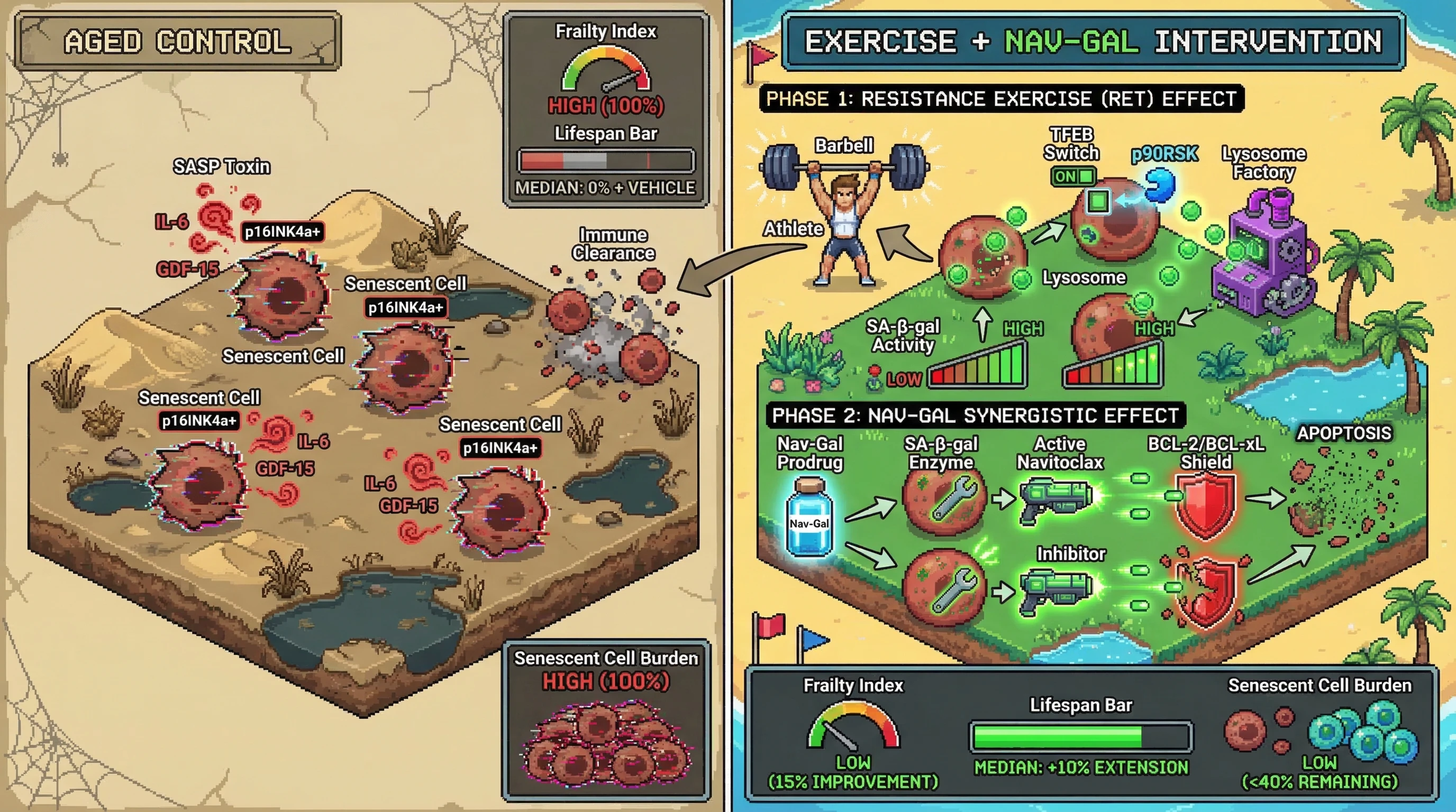 Infographic for: Resistance exercise primes residual senescent cells to overexpress SA-β-galactosidase, selectively enhancing Nav-Gal ...