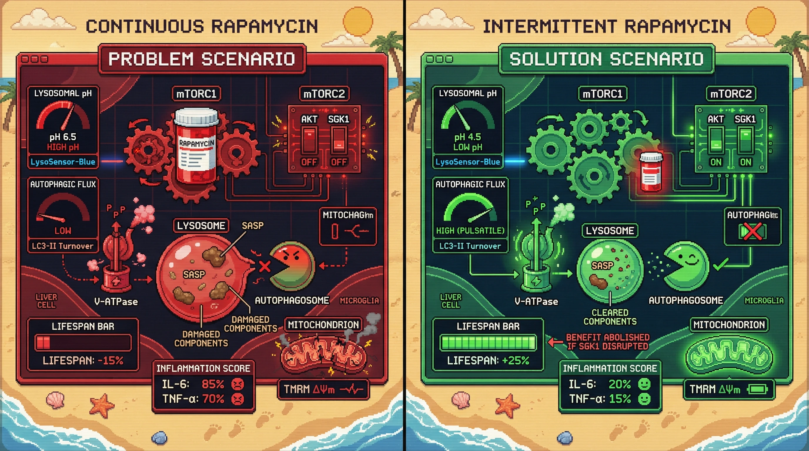 Infographic for: Intermittent mTORC1 inhibition preserves mTORC2‑dependent AKT‑SGK1 lysosomal signaling to enhance autophagic flux and delay inflammaging