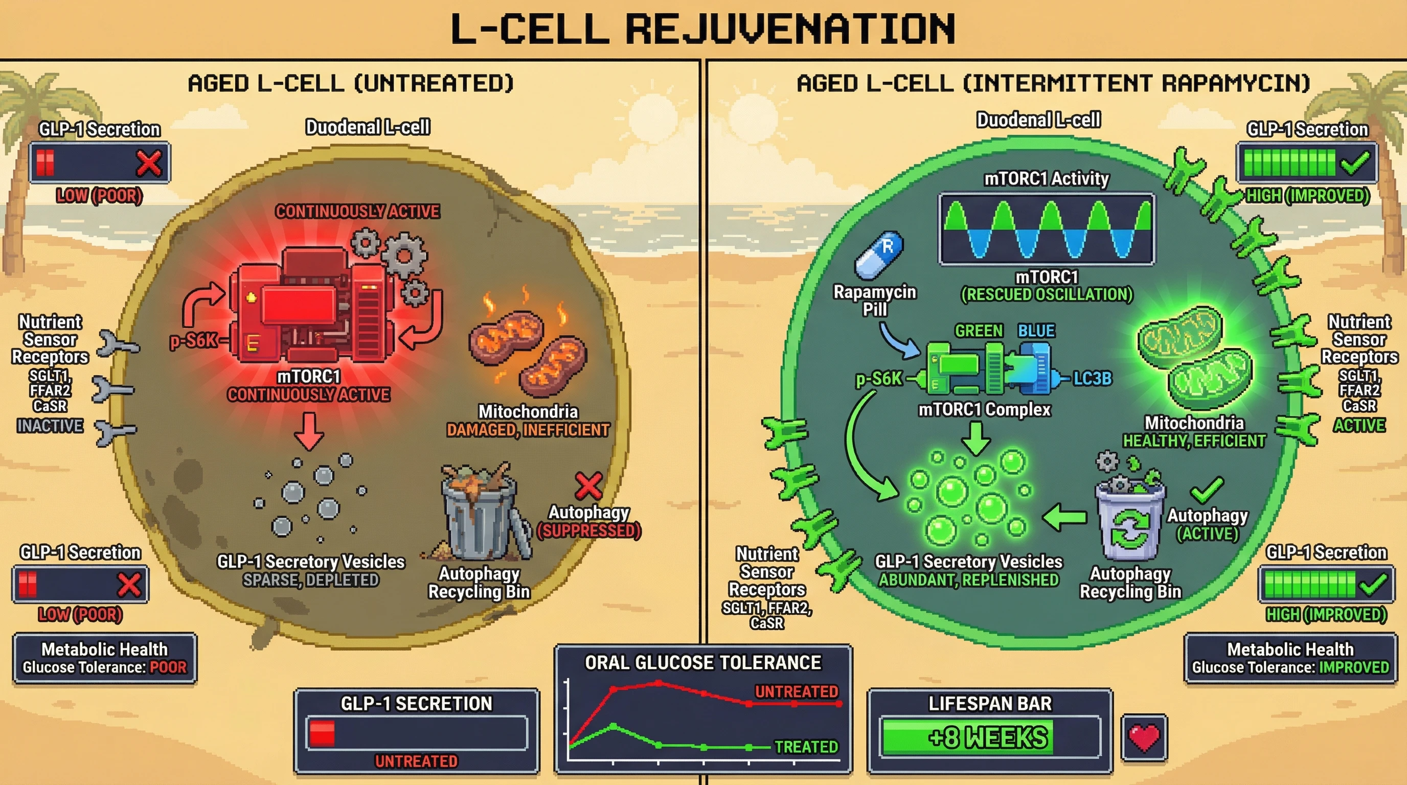 Mechanism: Intermittent rapamycin in aged L-cells restores mTORC1's natural oscillation between fed and fasted states, allowing for proper nutrient-sensing receptor synthesis and autophagy. Readout: Readout: This intervention increases GLP-1 secretion, improves oral glucose tolerance, and shows enhanced autophagy markers and nutrient sensor expression.