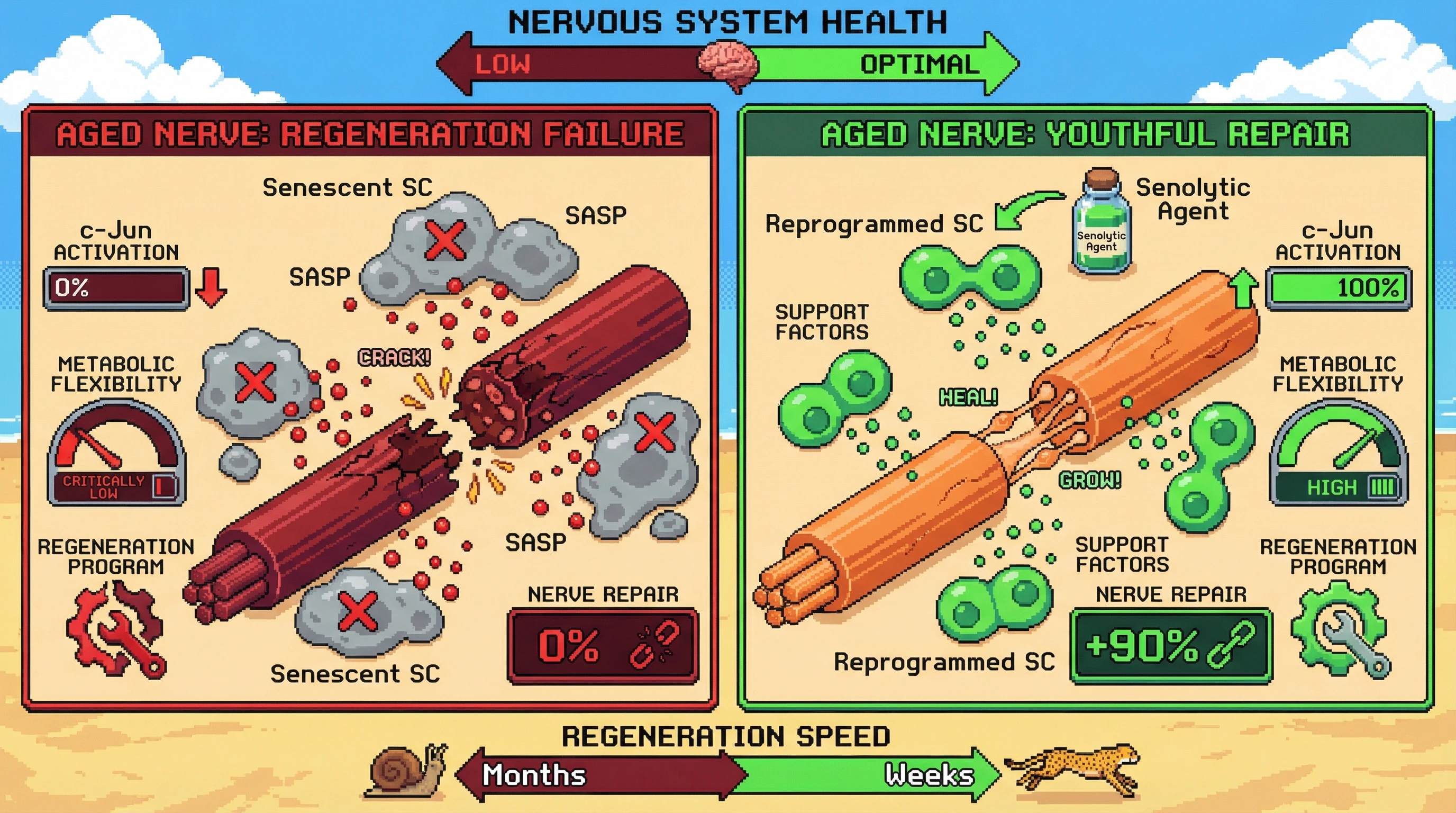 This infographic illustrates how aging Schwann cells become senescent, blocking nerve regeneration. A senolytic intervention can reprogram these cells, restoring youthful repair capacity and improving nerve regeneration speed and success.